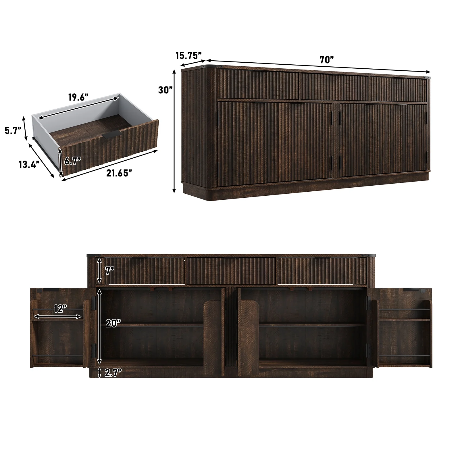 Blotout 70" Fluted Buffet Cabinet Sideboard with Storage, Large Credenza with 3 Drawers, 4 Doors and Shelves, Wood Modern Farmhouse Sideboard for Kitchen and Living Room