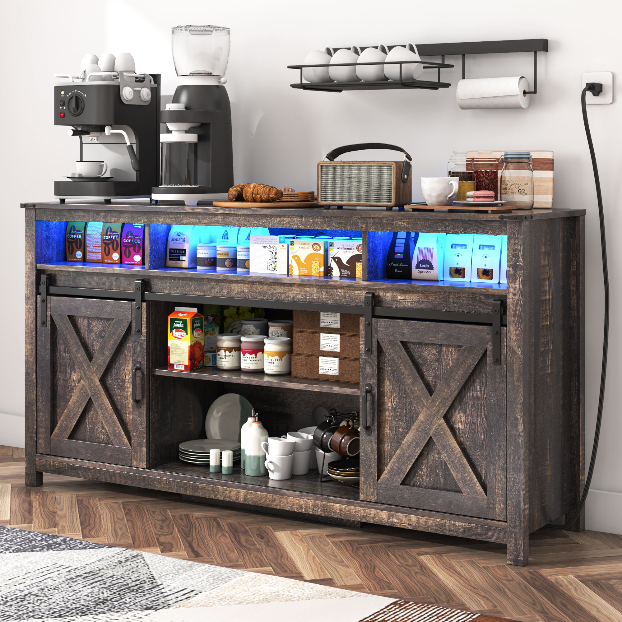 61.5" Farmhouse Coffee Bar Cabinet with LED Light & Power Outlets, Barn Door Sideboard Buffet Cabinet with 4 Tier Storage