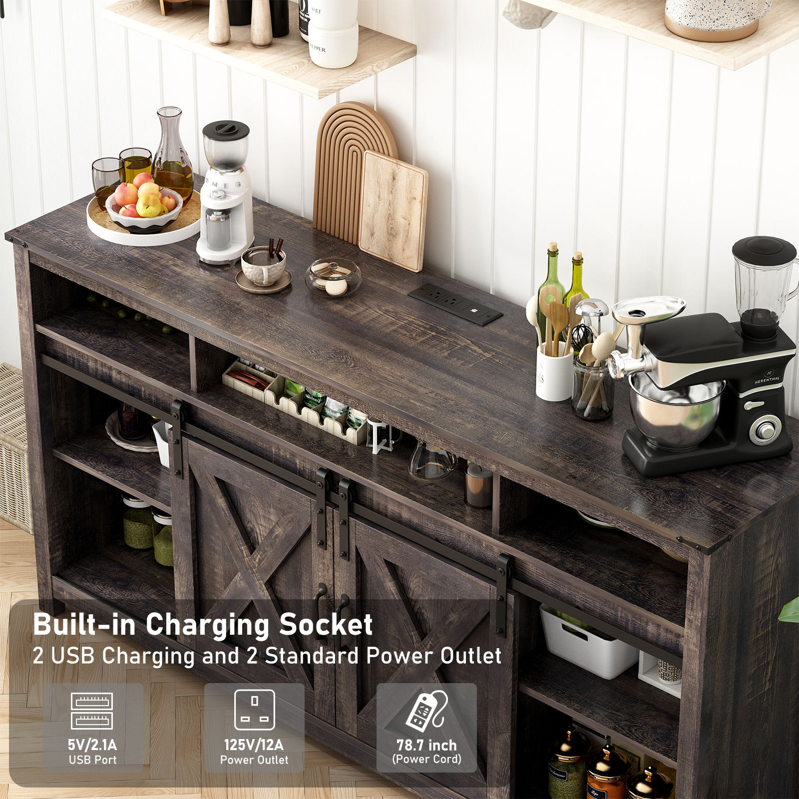 61.5" Farmhouse Coffee Bar Cabinet with LED Light & Power Outlets, Barn Door Sideboard Buffet Cabinet with 4 Tier Storage