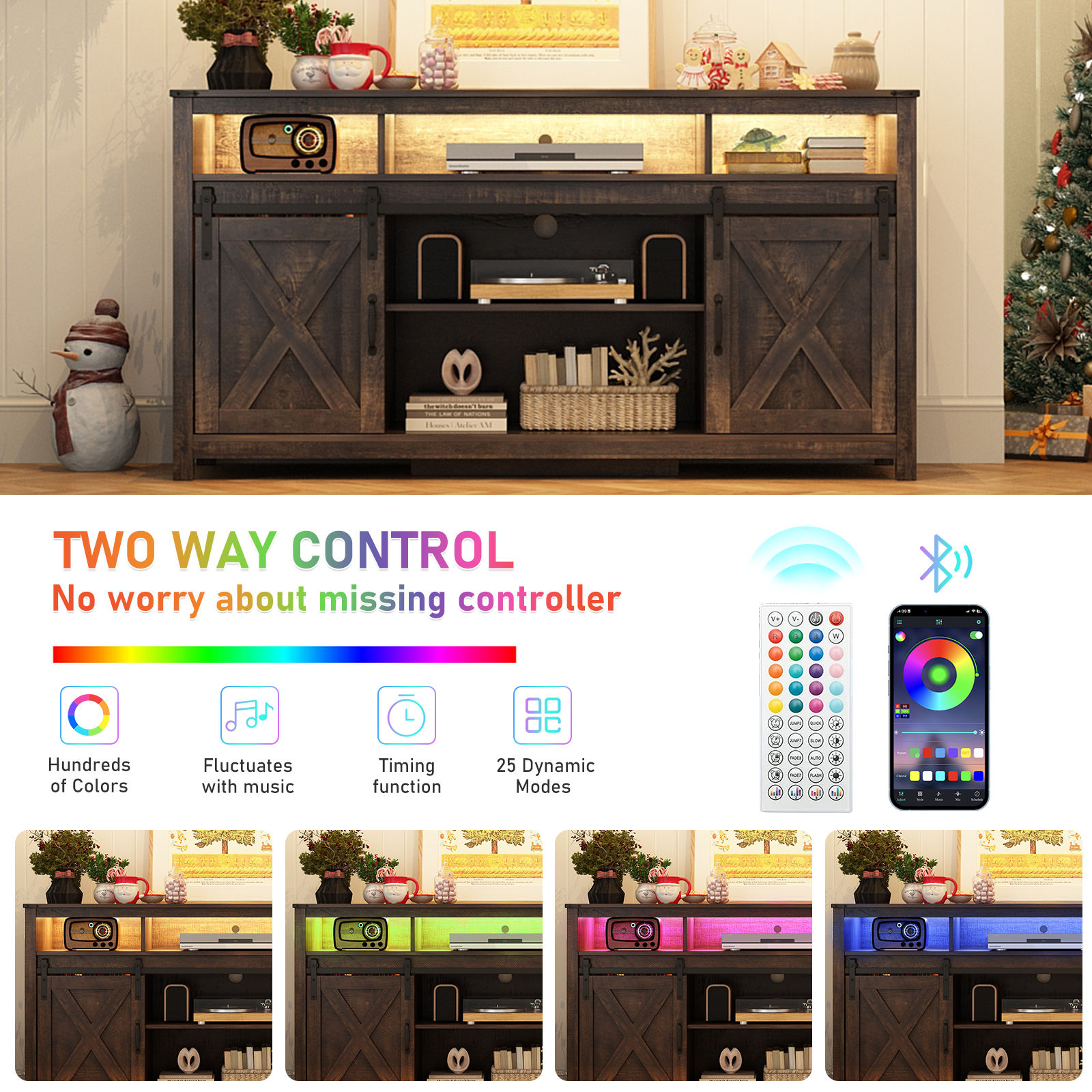 61.5" Farmhouse Coffee Bar Cabinet with LED Light & Power Outlets, Barn Door Sideboard Buffet Cabinet with 4 Tier Storage