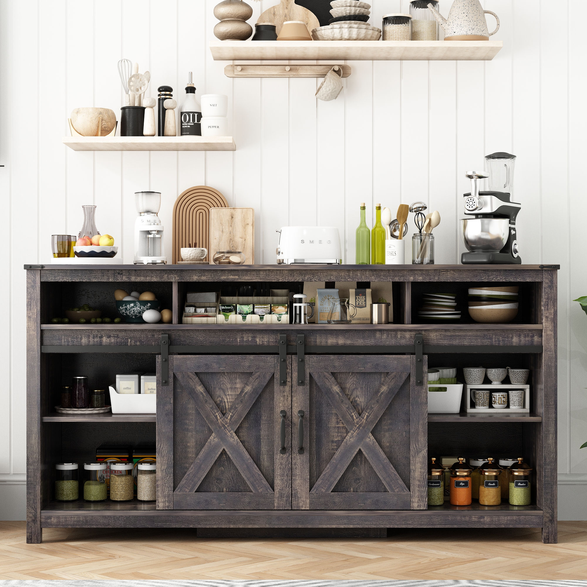 61.5" Farmhouse Coffee Bar Cabinet with LED Light & Power Outlets, Barn Door Sideboard Buffet Cabinet with 4 Tier Storage