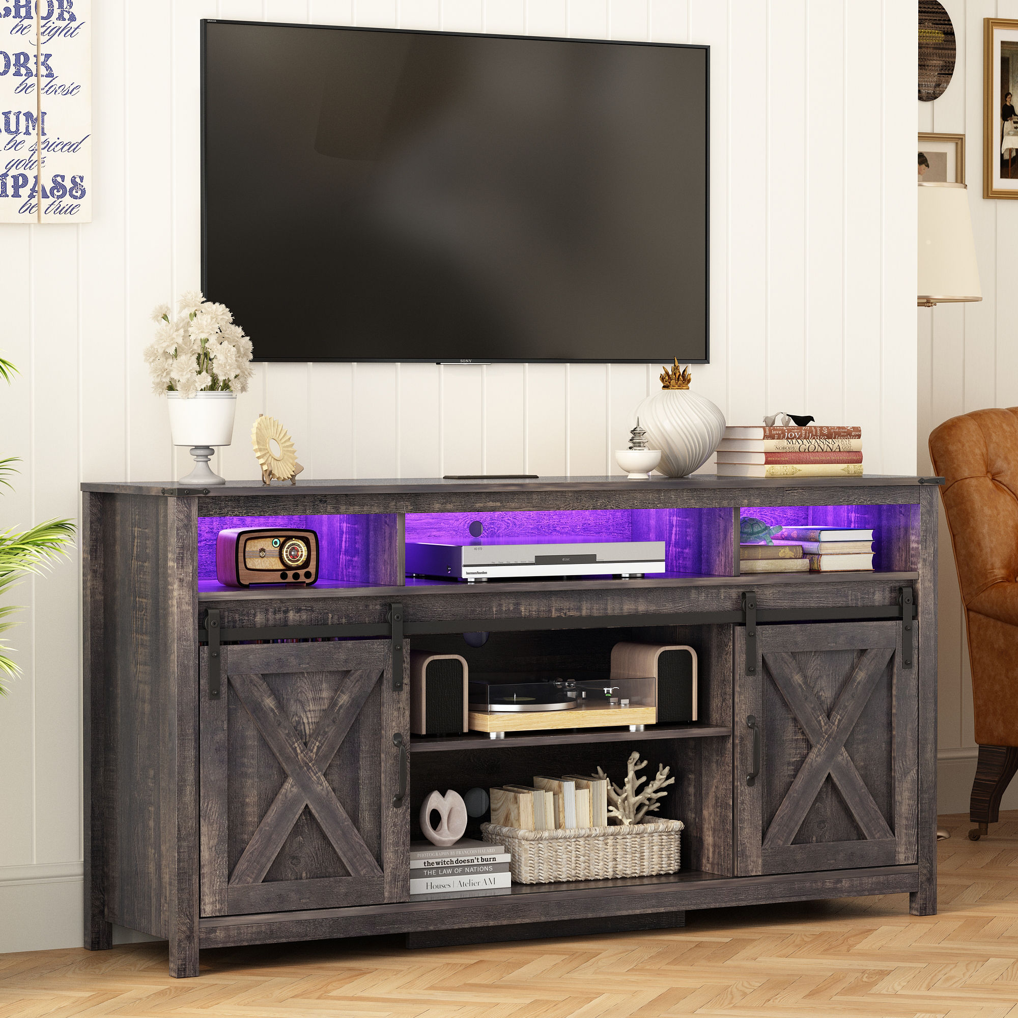 61.5" Farmhouse Coffee Bar Cabinet with LED Light & Power Outlets, Barn Door Sideboard Buffet Cabinet with 4 Tier Storage