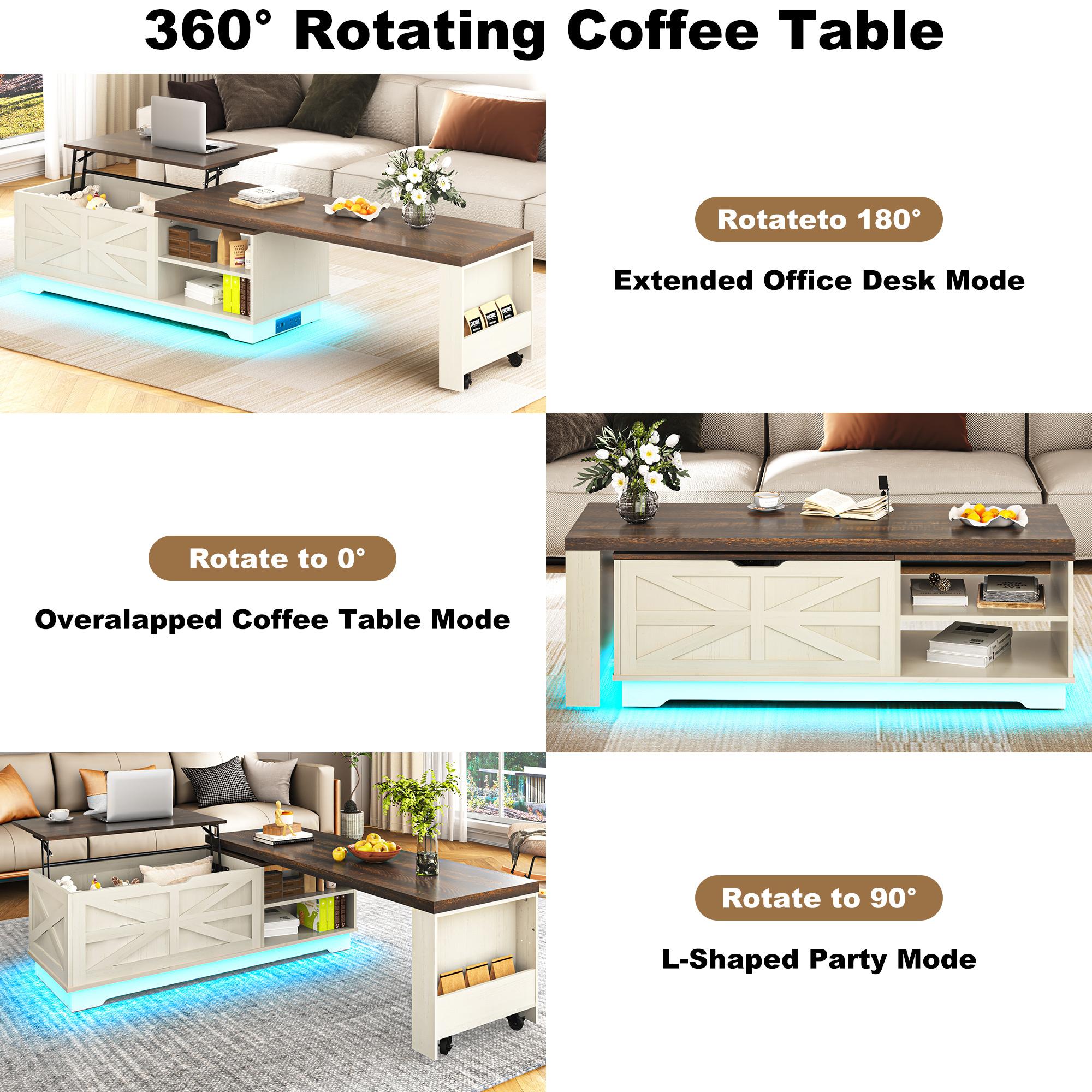 ANPOO 90°/180° Rotating Lift Top Coffee Table W/ LED Lights & Power Outlets, 57"-90" Extendable Farmhouse Coffee Table with Hidden Storage, L-Shaped Coffee Table for Living Room