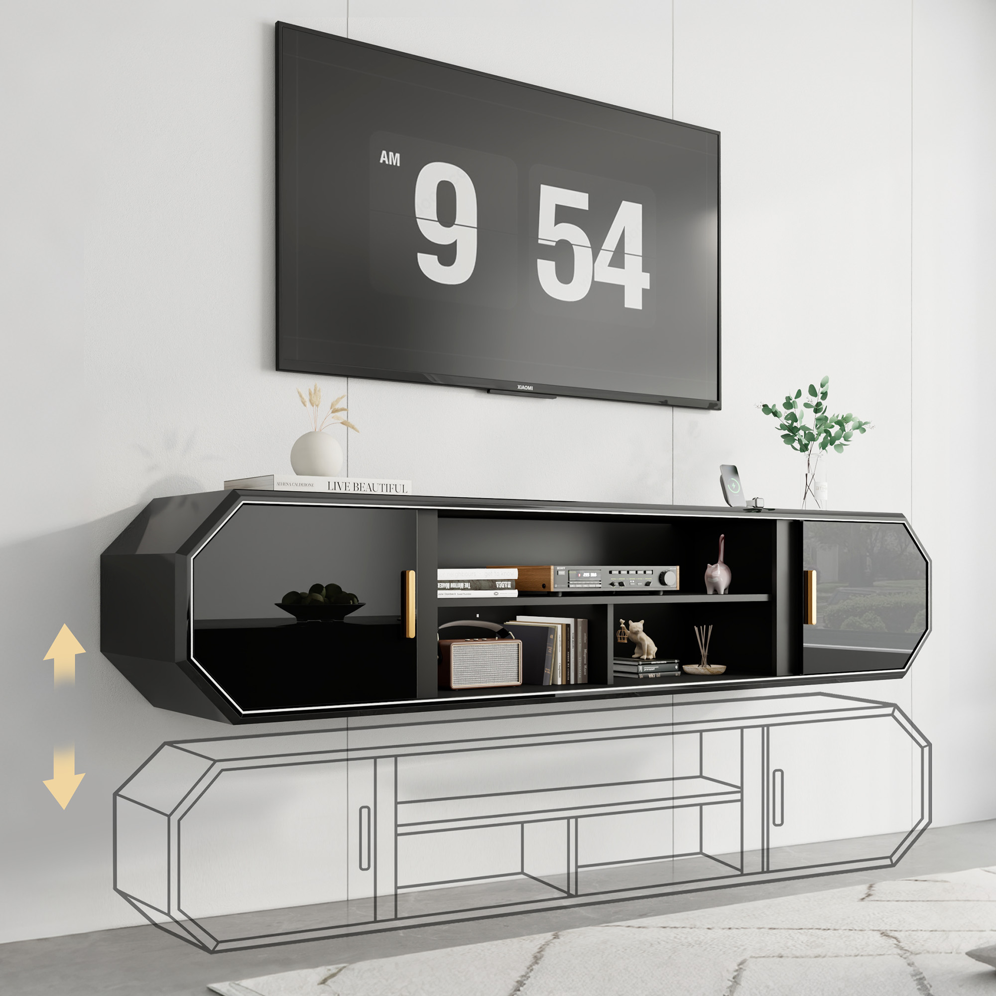 Blotout 70.9''Floating TV Stand with Power Outlet, High Gloss Paint Wall-Mounted Media Console with Gold Handle & Sliding Door Cabinets, Modern Entertainment Center for Wall-mounted TV Up to 80''