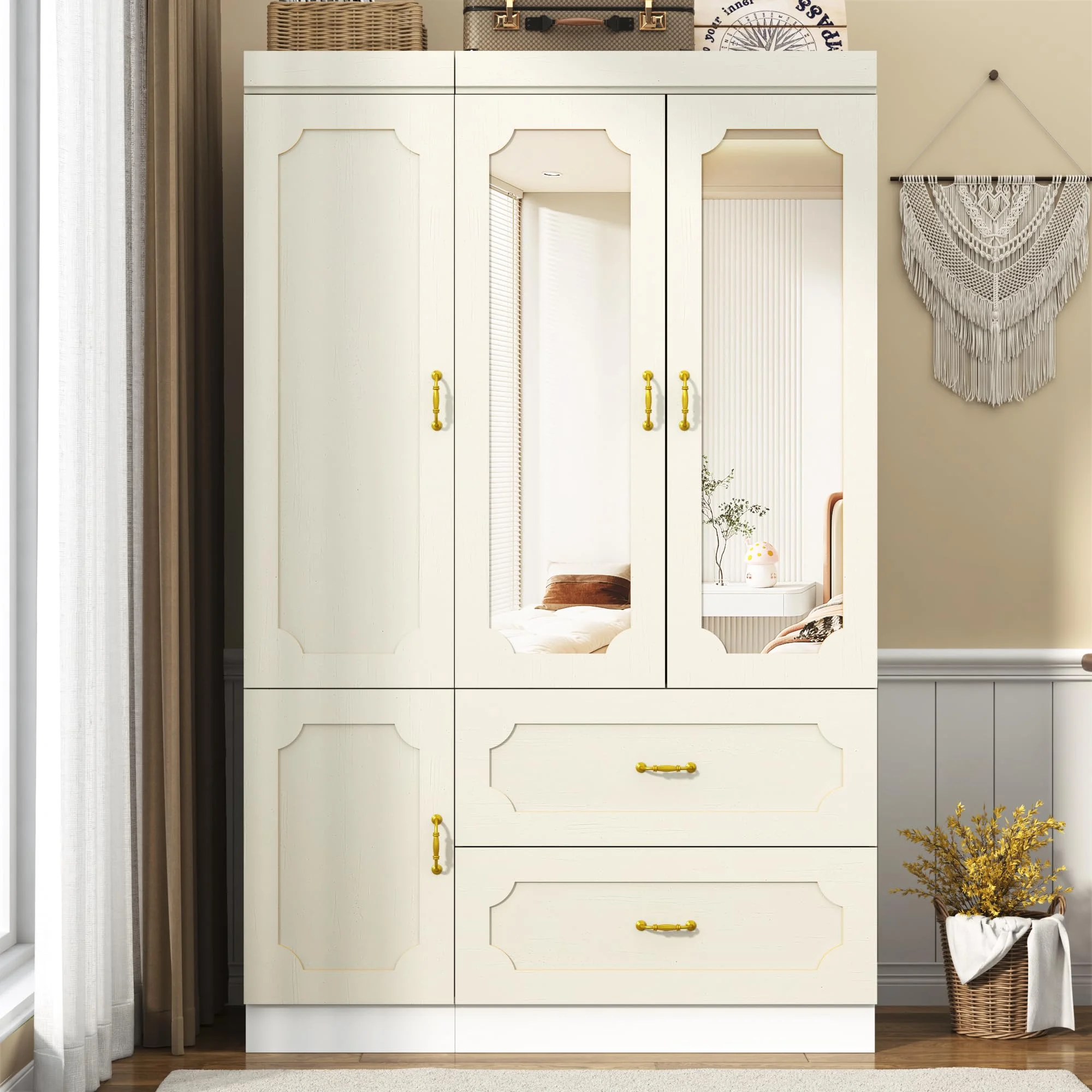 75"H 3 Doors Armoire Wardrobe Closet with Mirror and LED Lights, LED Clothing Storage Cabinet with Hanging Rod and Drawers, Modern Wooden Wardrobe Cabinet for Bedroom