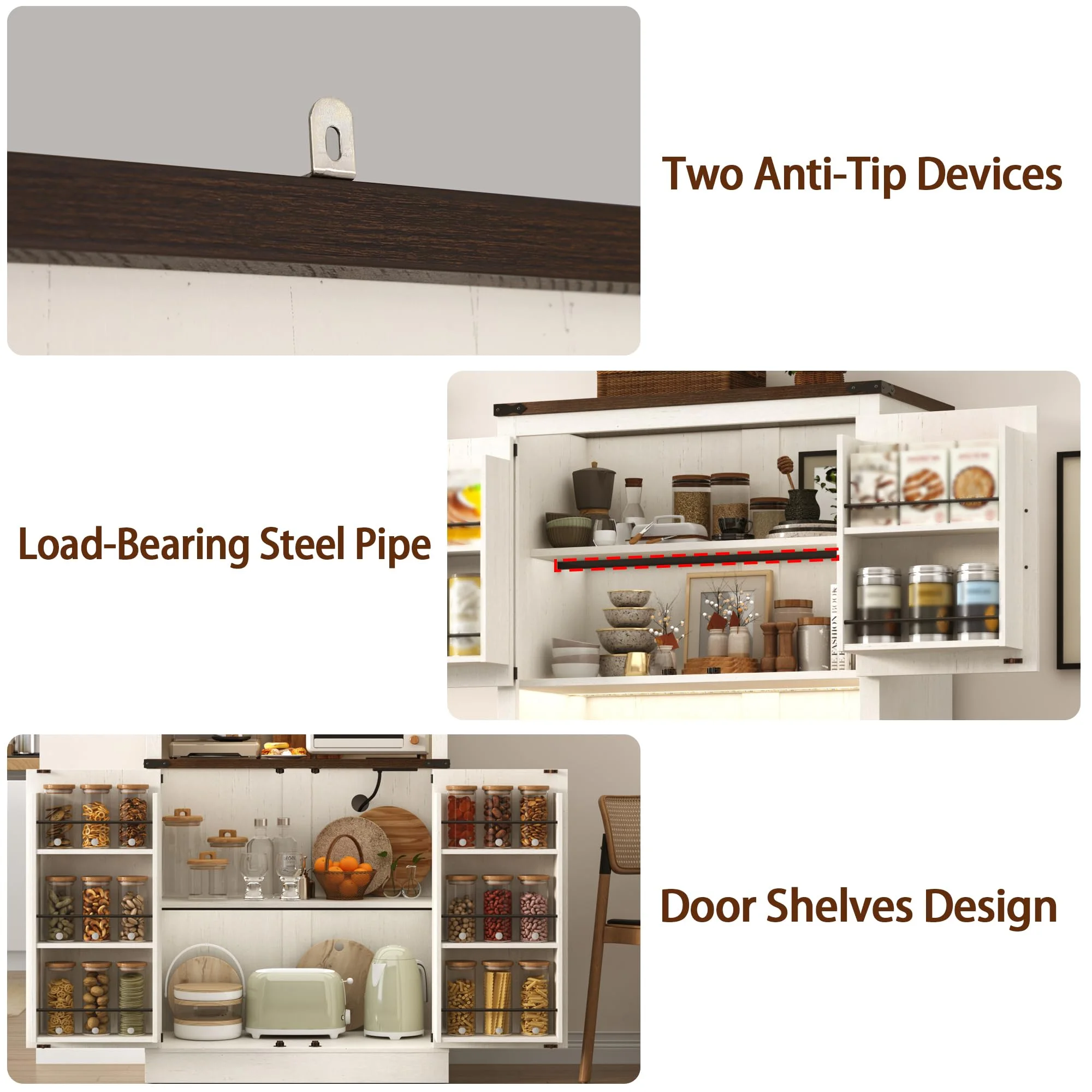 Tall Farmhouse Kitchen Pantry Cabinet with 10 Side Shelves and LED Light&Power Outlet,5 Layers Pantry Storage Cabinet with Barn Doors&Load-Bearing Steel Pipe for Dining Room,Living Room