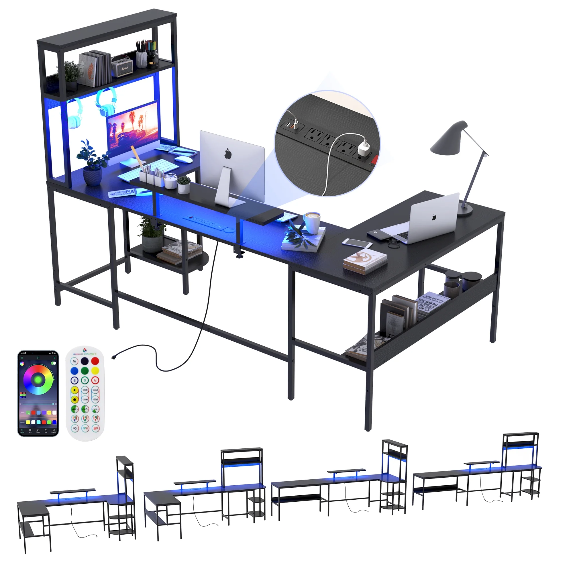 Blotout 87" U Shaped Computer Desk with Power Outlet, LED Reversible L Shaped Gaming Desk with Shelf and Hutch, Home Office Desk with Monitor Stand