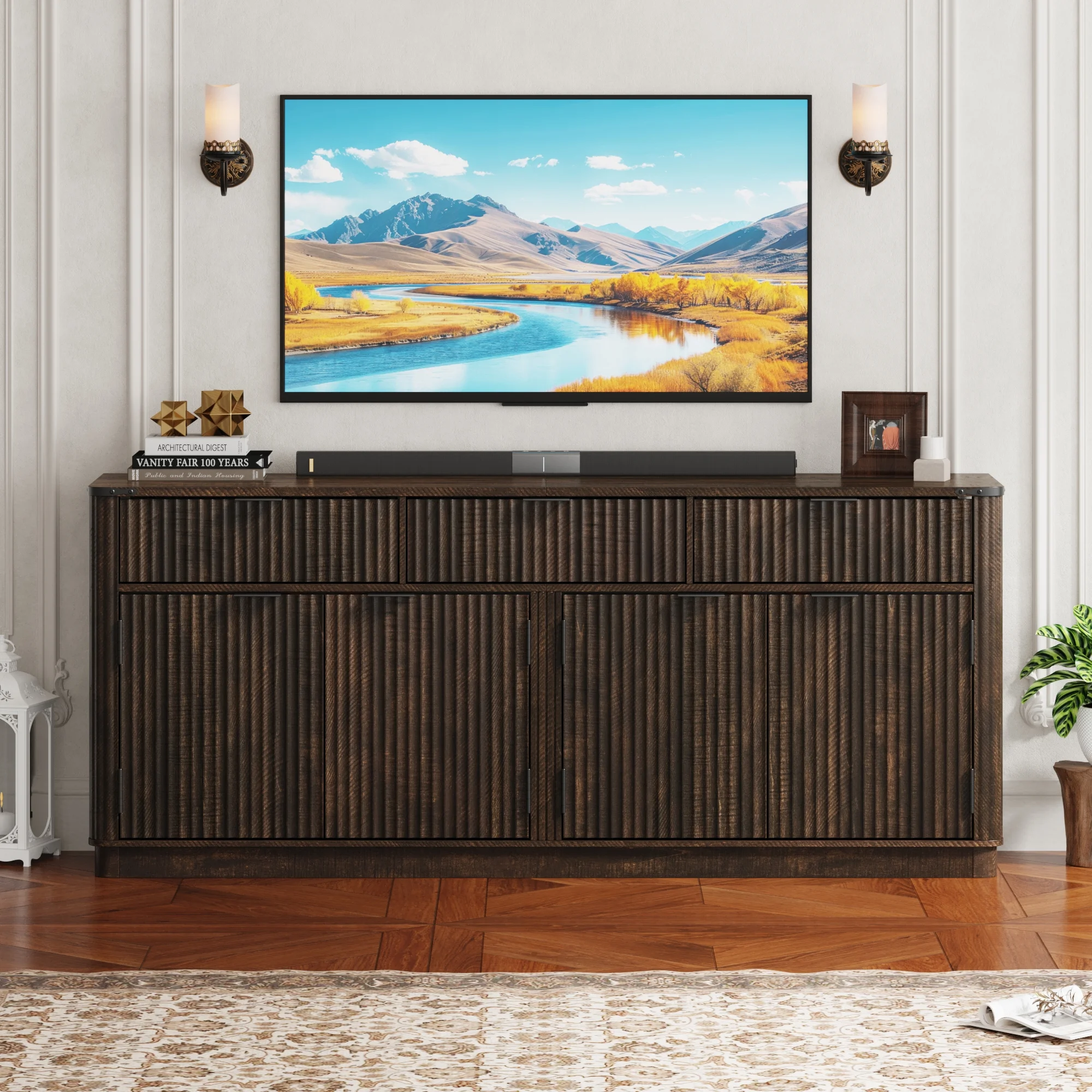 Blotout 70" Fluted Buffet Cabinet Sideboard with Storage, Large Credenza with 3 Drawers, 4 Doors and Shelves, Wood Modern Farmhouse Sideboard for Kitchen and Living Room