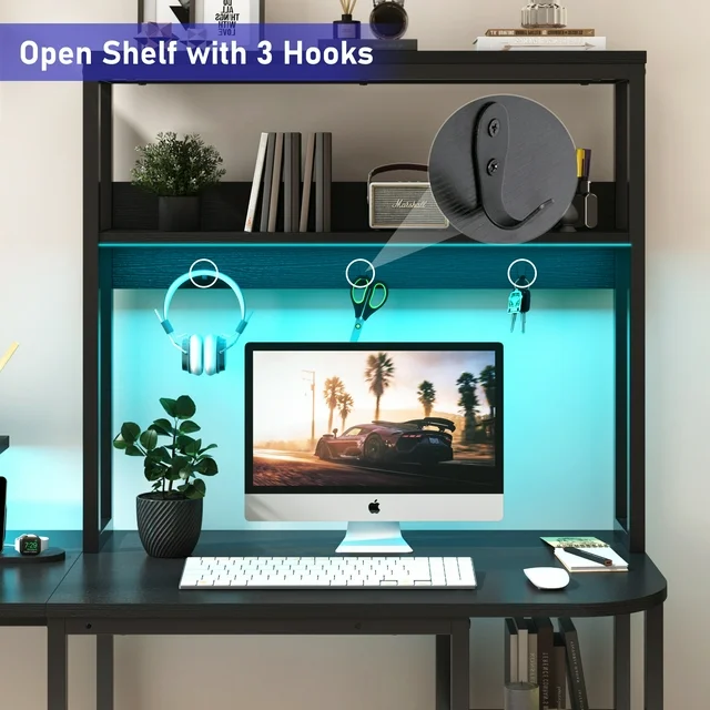 Blotout 87" U Shaped Computer Desk with Power Outlet, LED Reversible L Shaped Gaming Desk with Shelf and Hutch, Home Office Desk with Monitor Stand