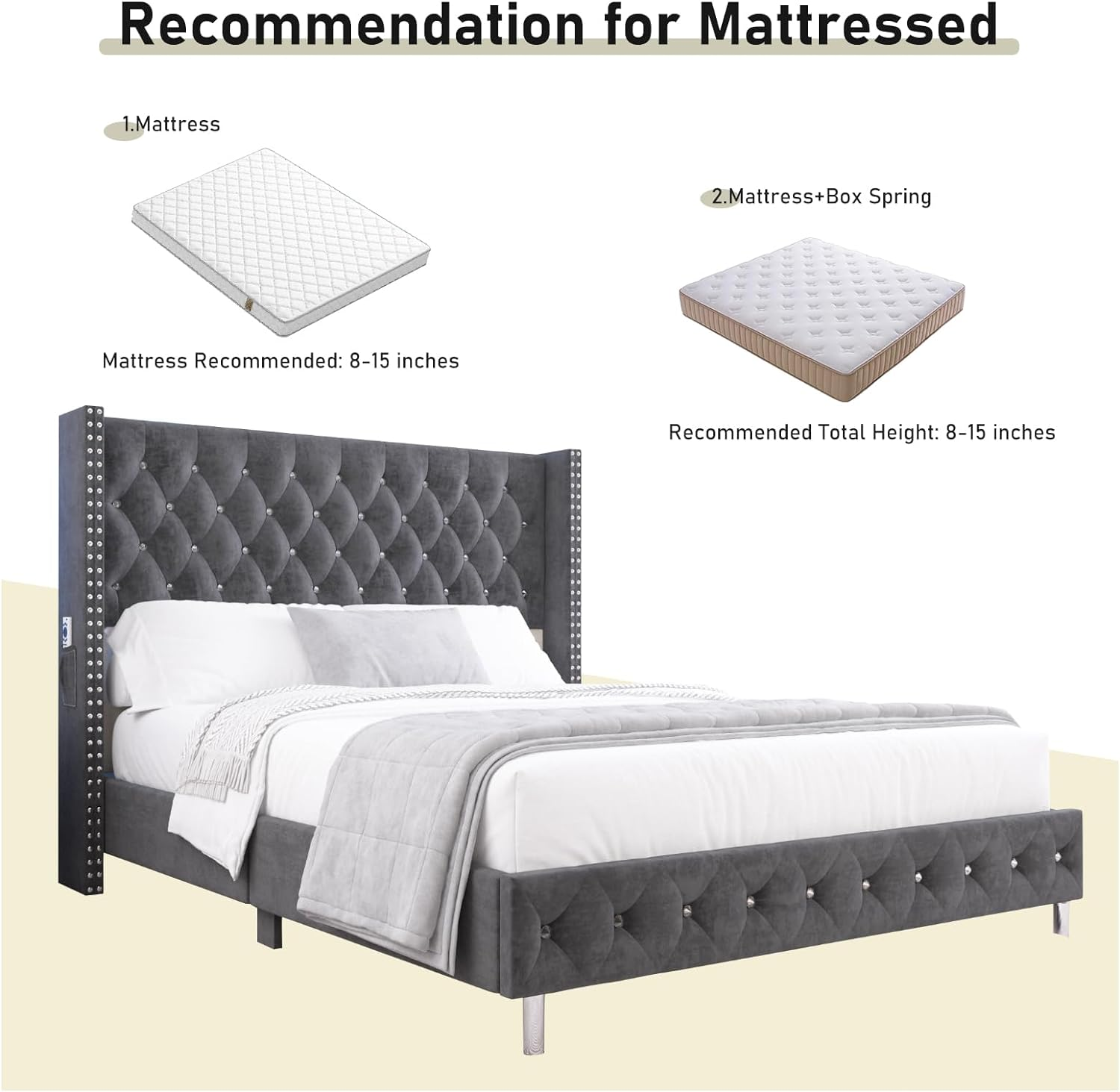 Queen LED Upholstered Bed Frame with Wingback Headboard, Velvet Diamond Button Tufted Bed Frame USB & Type-C Ports and Side Pockets, Wood Slats Support, No Box Spring Needed