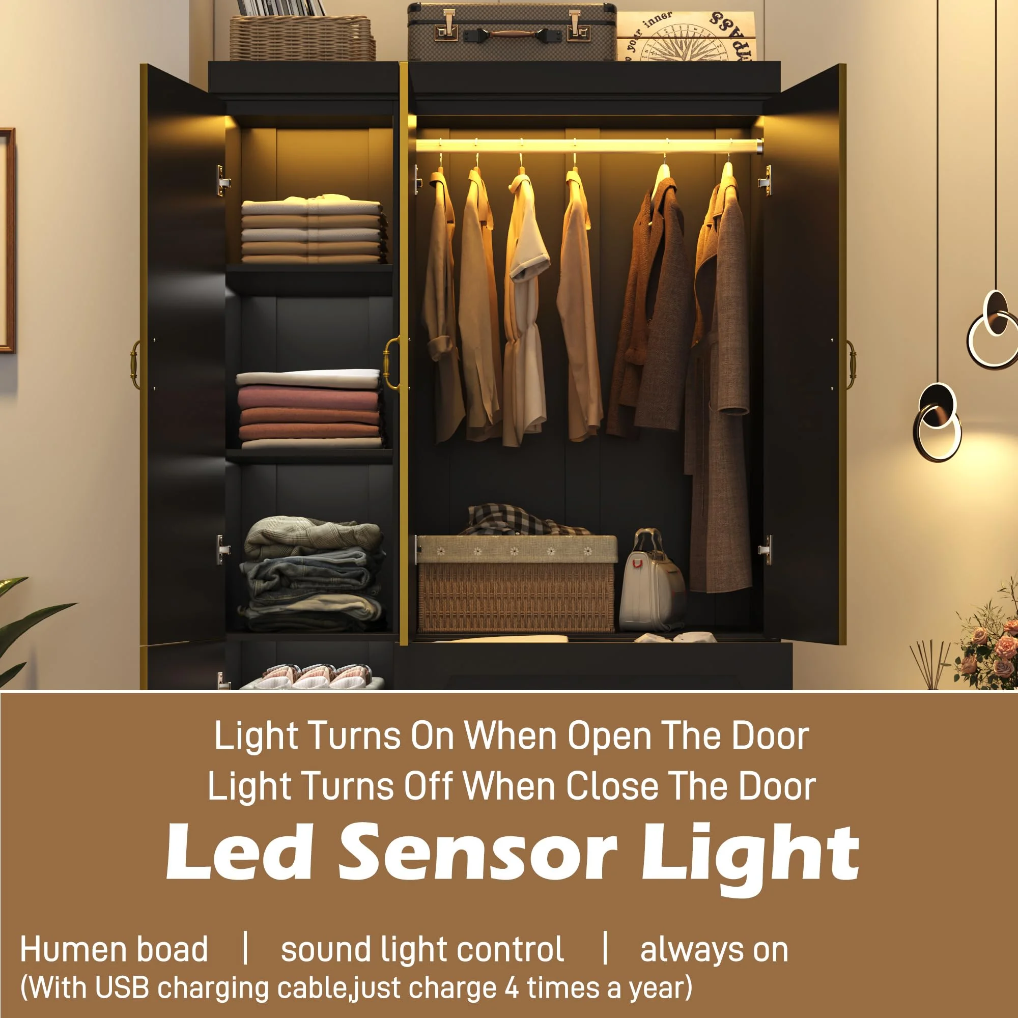 75"H 3 Doors Armoire Wardrobe Closet with Mirror and LED Lights, LED Clothing Storage Cabinet with Hanging Rod and Drawers, Modern Wooden Wardrobe Cabinet for Bedroom