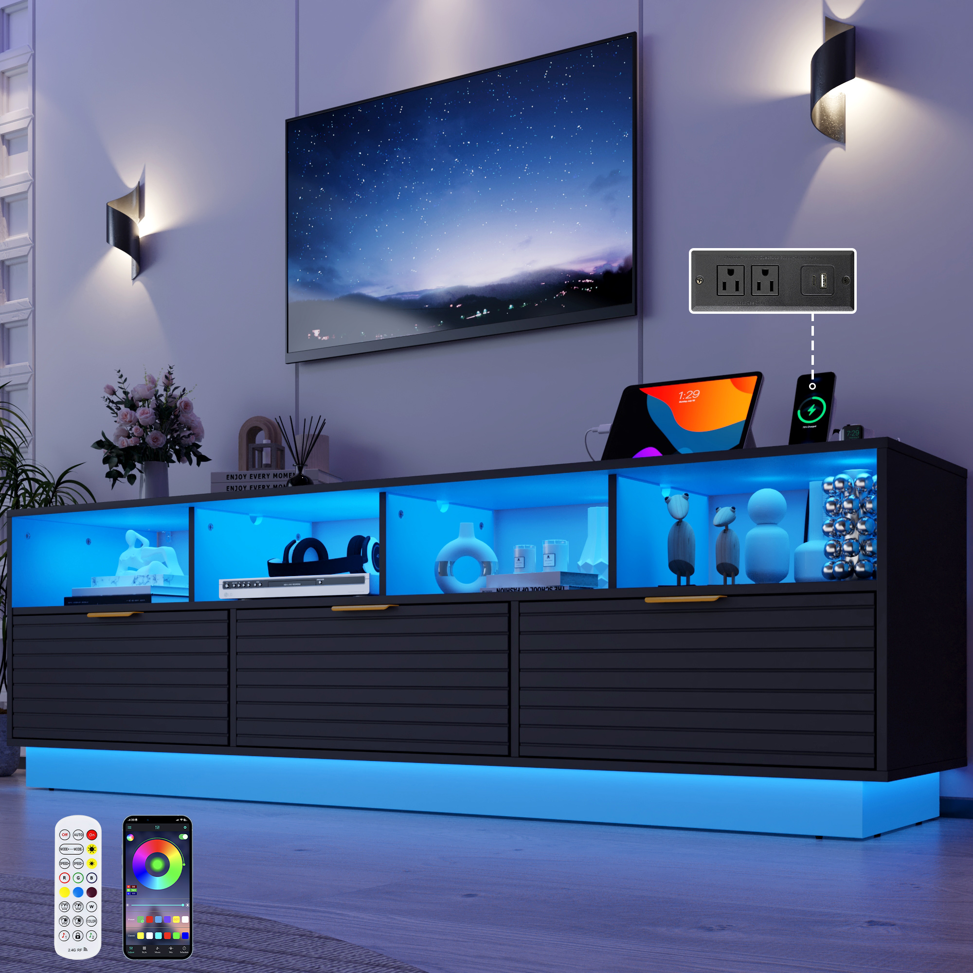 Blotout LED TV Stand for up to 85'' TVs with Power Outlet, 70'' Large Entertainment Center Console Table with 3 Storage Cabinet & Gaming Soundbar Shelf for Living Room, Bedroom