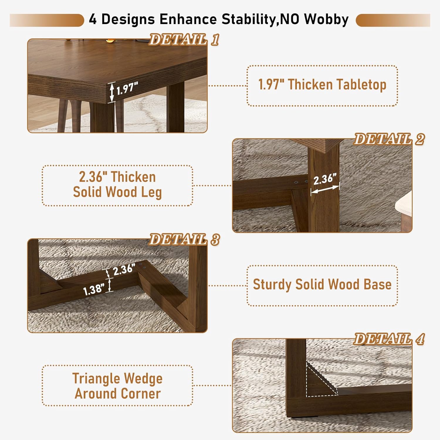 70 Inch Solid Wood Dining Table for 6-8 People