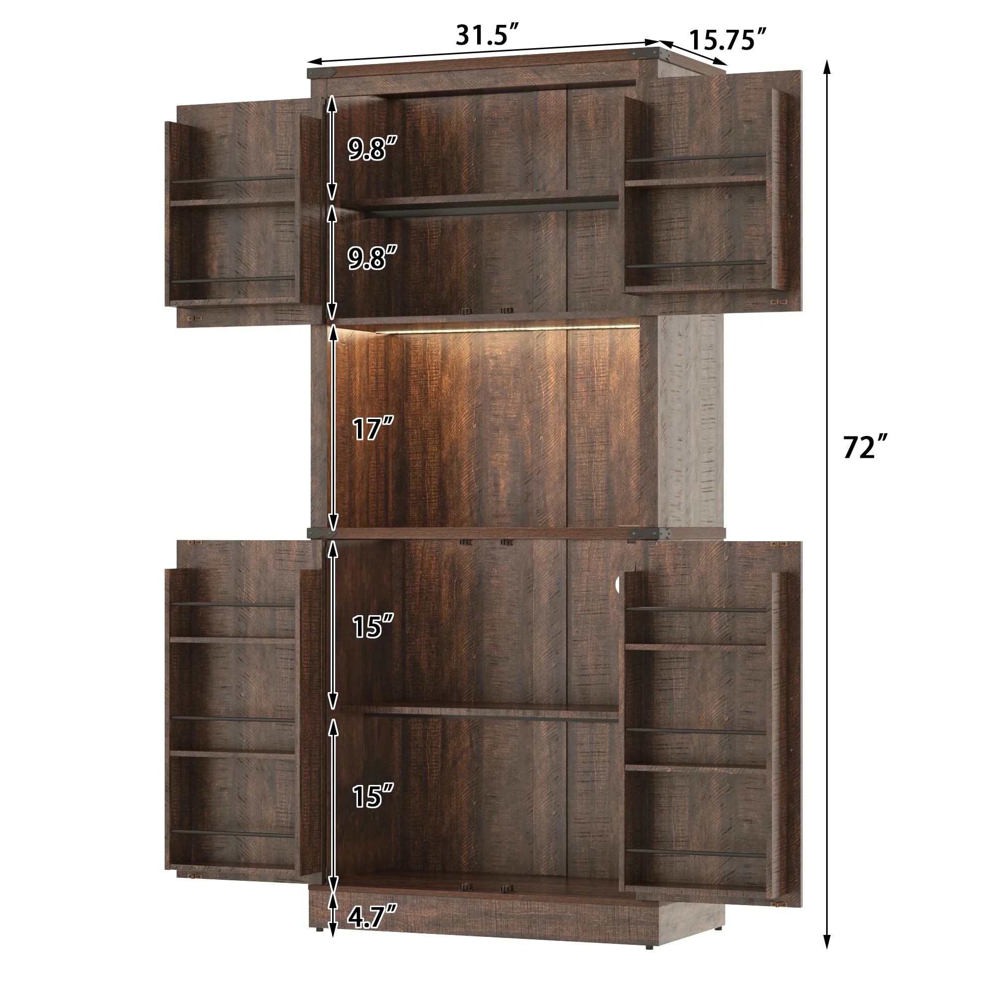72"Tall Farmhouse Kitchen Pantry Cabinet with 10 Side Shelves and LED Light&Power Outlet,5 Layers Pantry Storage Cabinet with Barn Doors&Load-Bearing Steel Pipe for Dining Room,Living Room