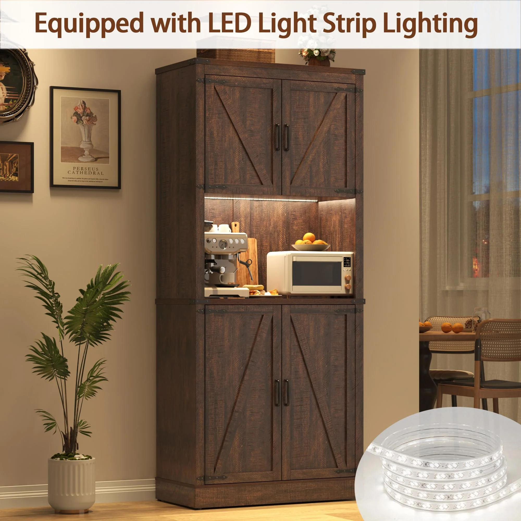 72"Tall Farmhouse Kitchen Pantry Cabinet with 10 Side Shelves and LED Light&Power Outlet,5 Layers Pantry Storage Cabinet with Barn Doors&Load-Bearing Steel Pipe for Dining Room,Living Room