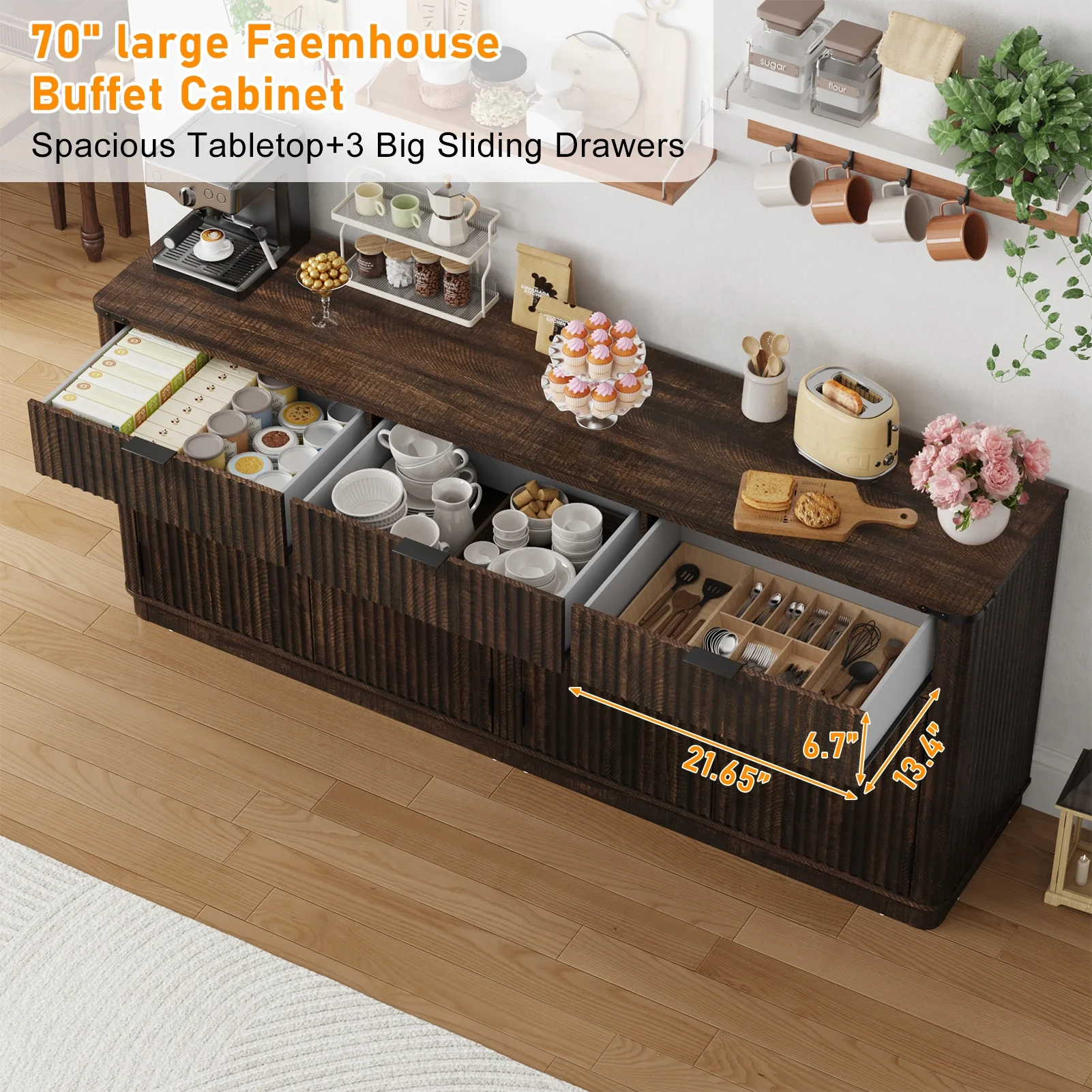 Blotout 70" Fluted Buffet Cabinet Sideboard with Storage, Large Credenza with 3 Drawers, 4 Doors and Shelves, Wood Modern Farmhouse Sideboard for Kitchen and Living Room