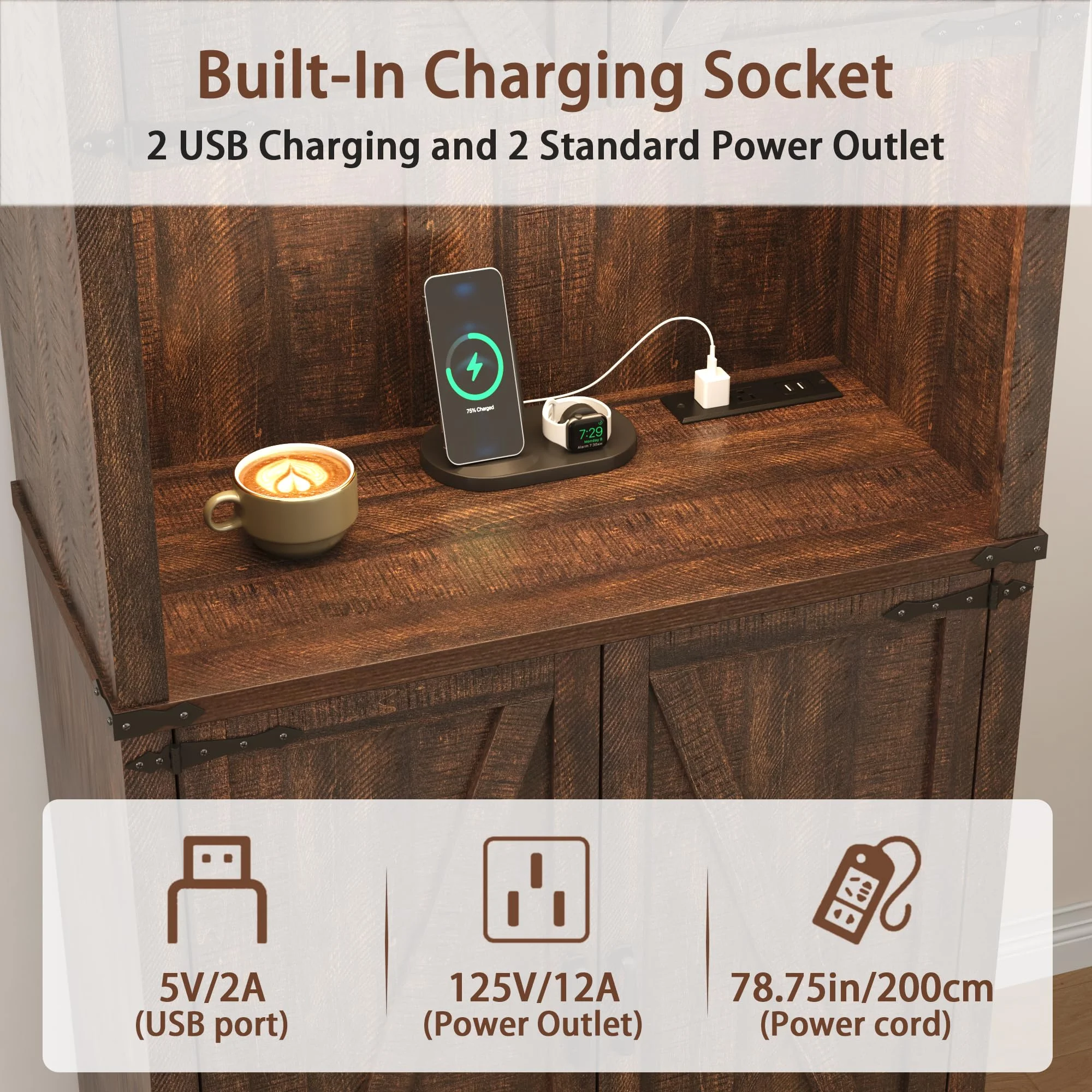72"Tall Farmhouse Kitchen Pantry Cabinet with 10 Side Shelves and LED Light&Power Outlet,5 Layers Pantry Storage Cabinet with Barn Doors&Load-Bearing Steel Pipe for Dining Room,Living Room