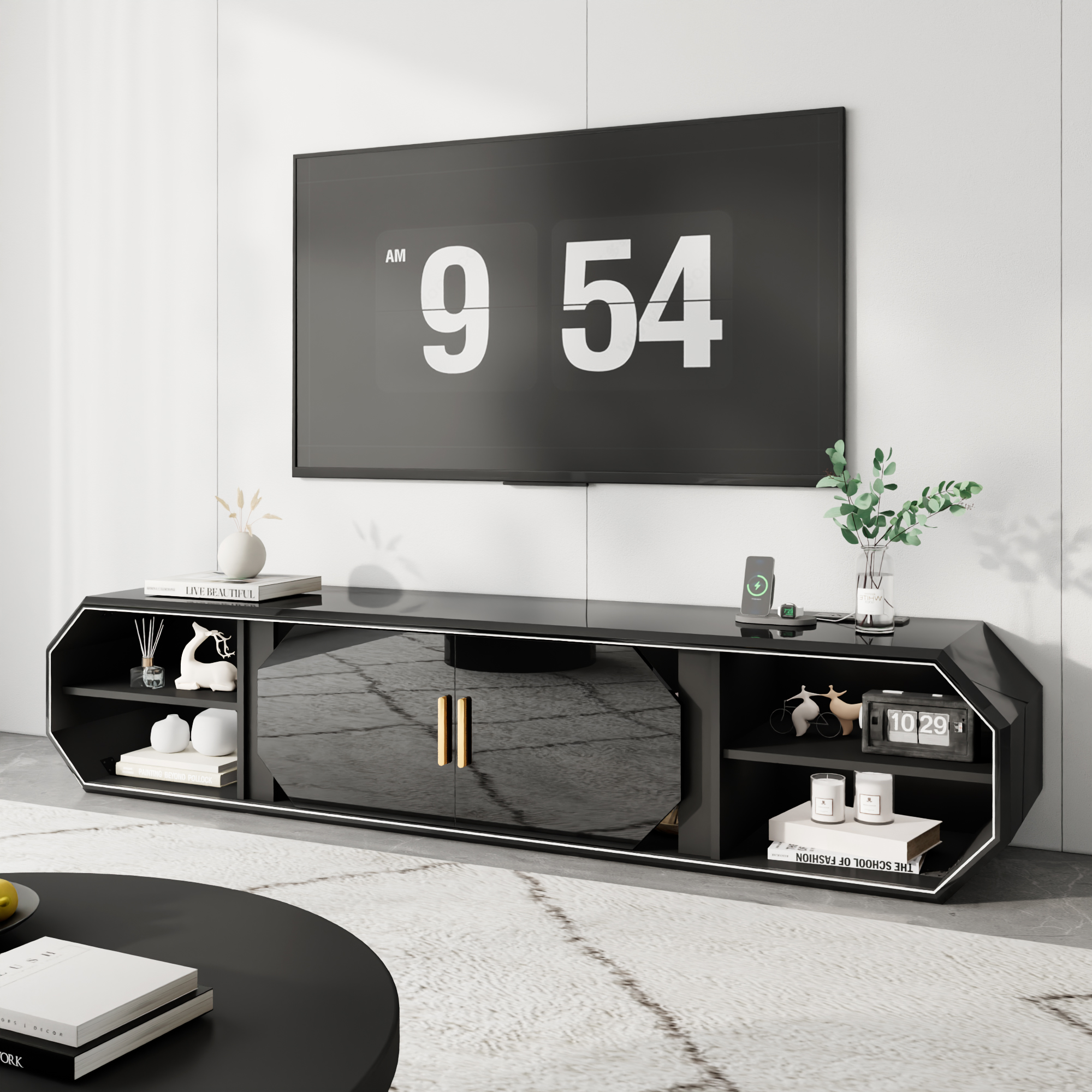 Blotout 70.9'' Floating Fireplace TV Stand with 36" Fireplace, High Gloss Paint Wall-Mounted TV Console with Power Outlet&Diamond Edging&Sliding Door Cabinets, Modern Media Cabinet for TVs up to 80''