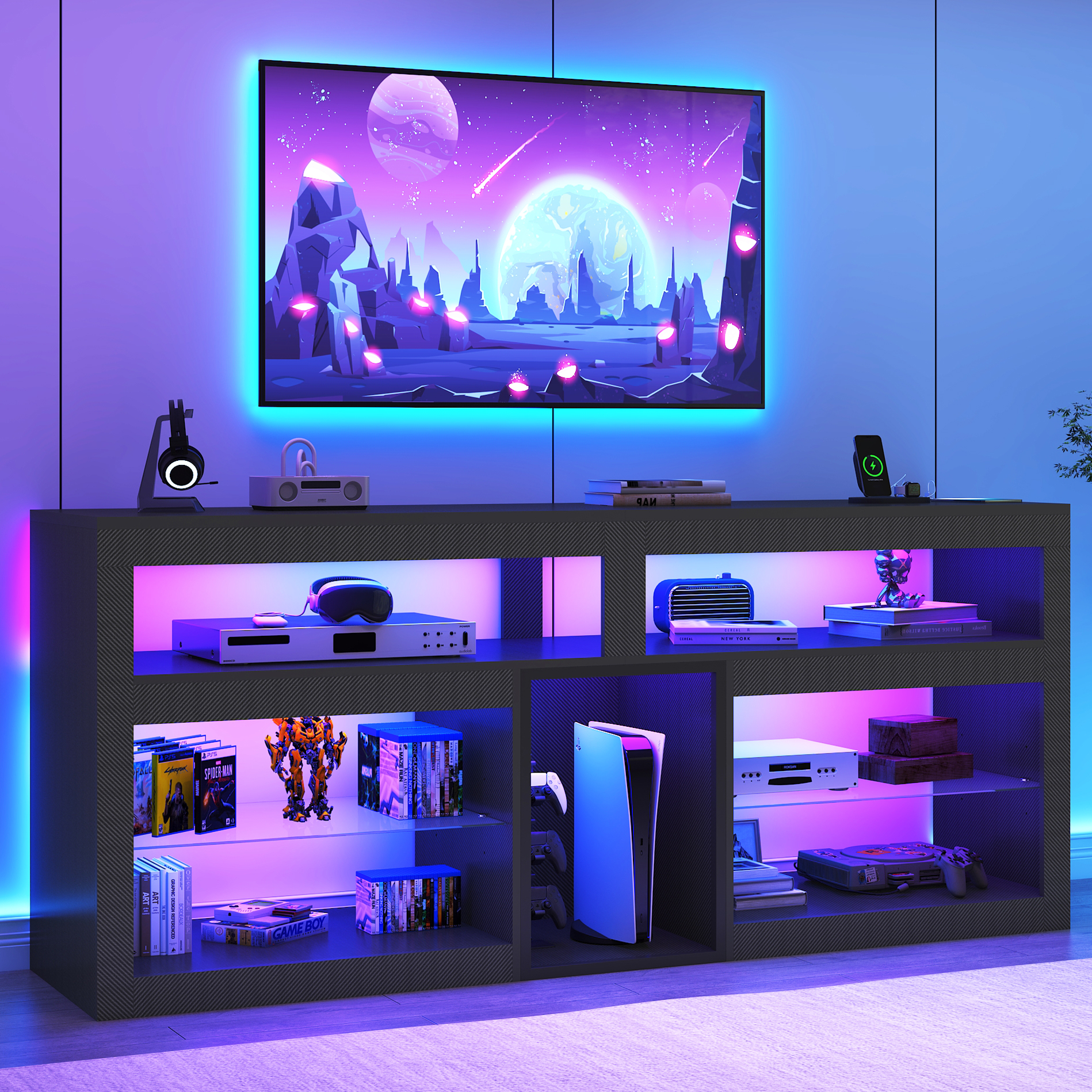 Blotout 74" TV Stand for TVs up to 85" with LED Lights and Power Outlet, 32" Tall Modern Gaming Entertainment Center with Adjustable Shelve for Living Room