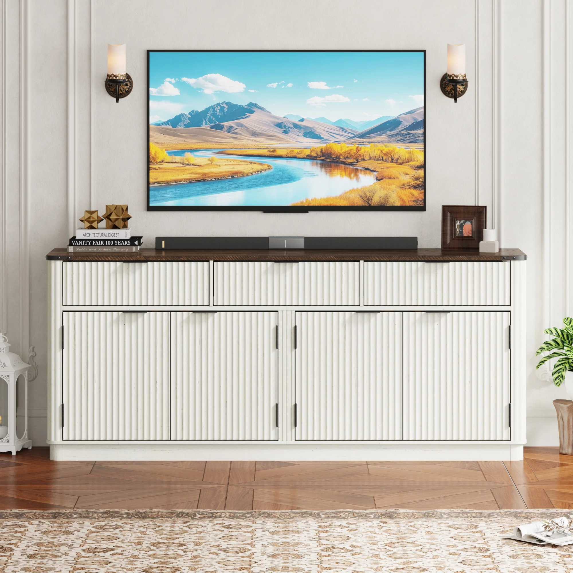 Blotout 70" Fluted Buffet Cabinet Sideboard with Storage, Large Credenza with 3 Drawers, 4 Doors and Shelves, Wood Modern Farmhouse Sideboard for Kitchen and Living Room