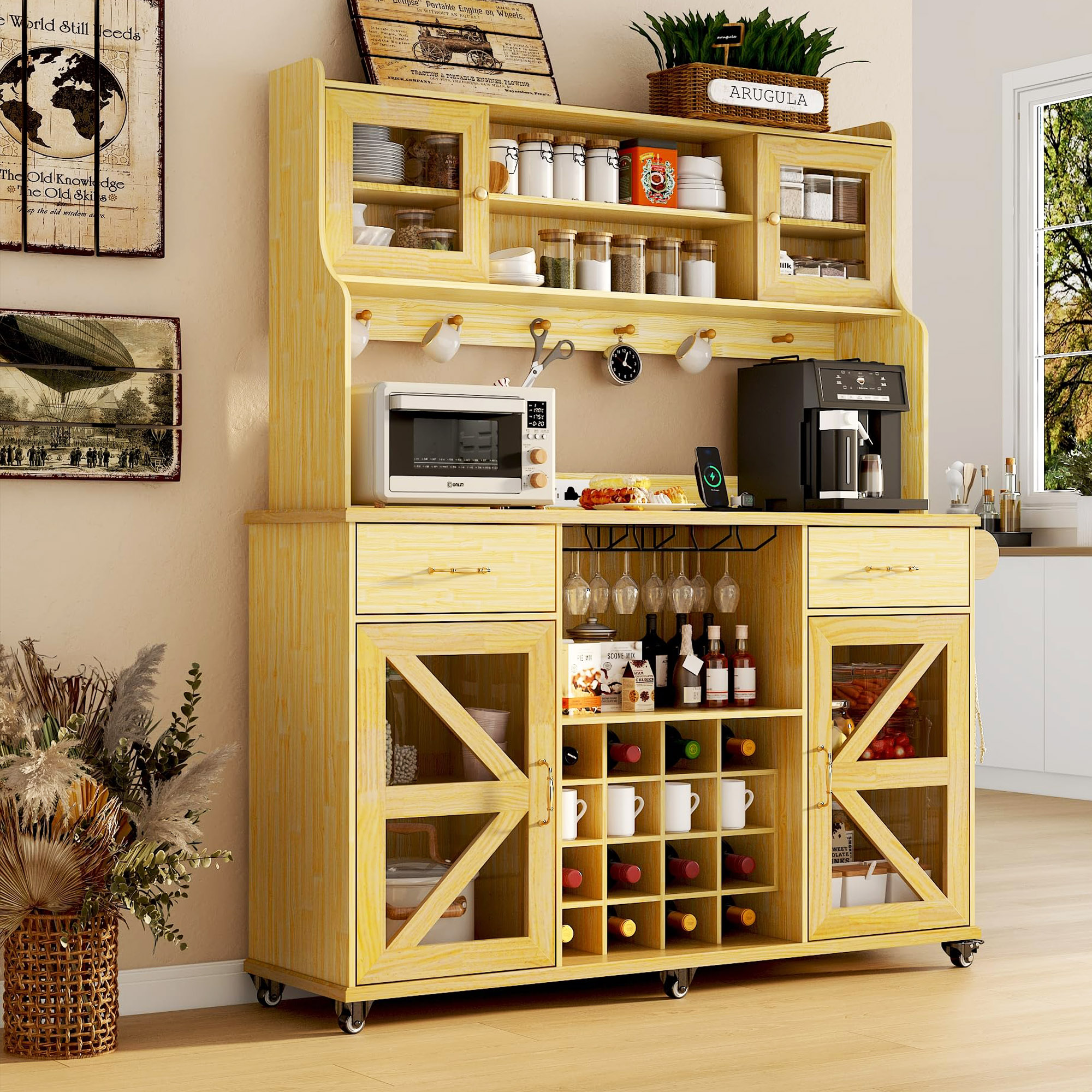 [Copy]74" Farmhouse Kitchen Pantry Storage Cabinet with LED Light & Charging Station