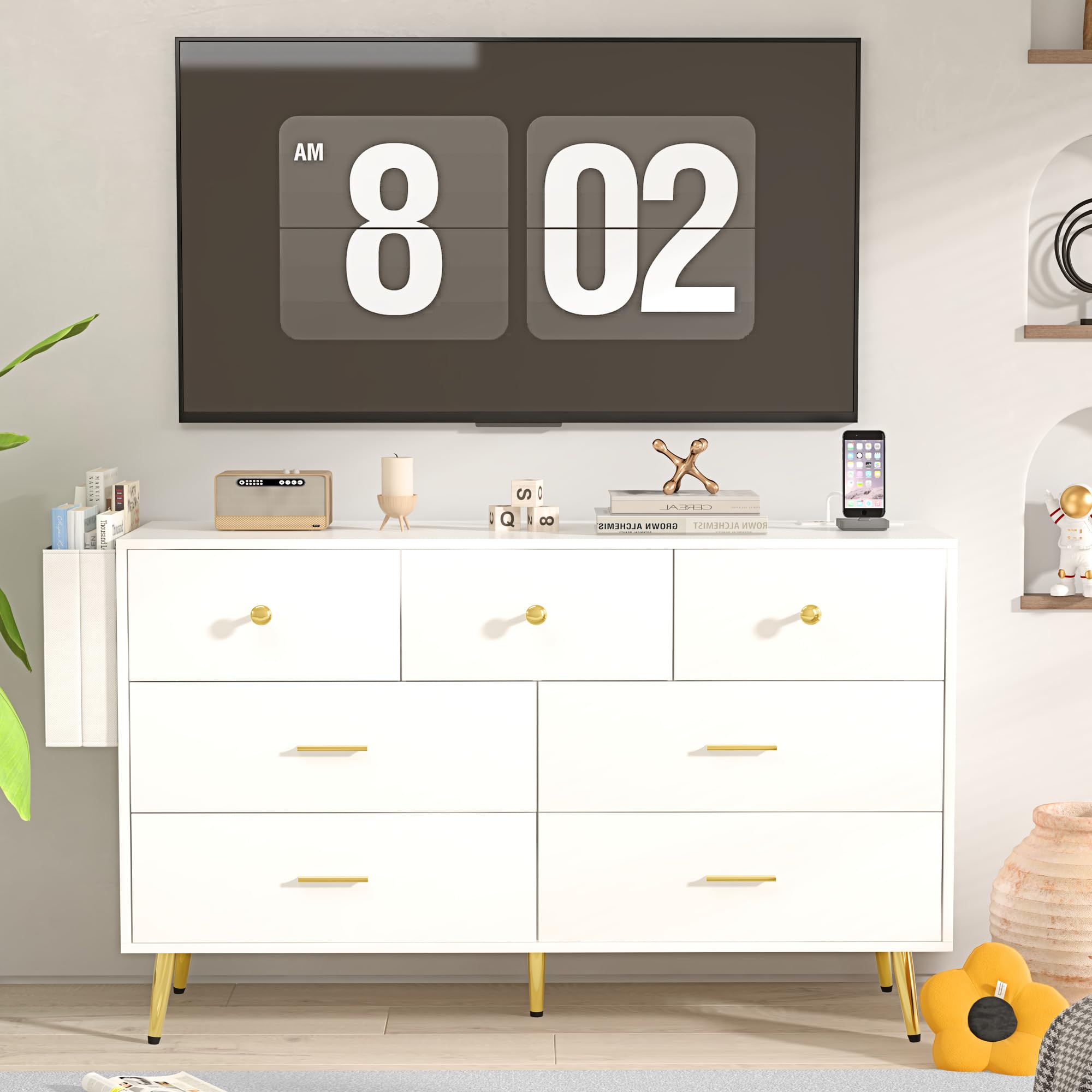 Drawer Dresser with Power Outlets, Wooden Dresser for Bedroom, Mid-Century Modern Closet Dresser for Living Room Hallway Entryway