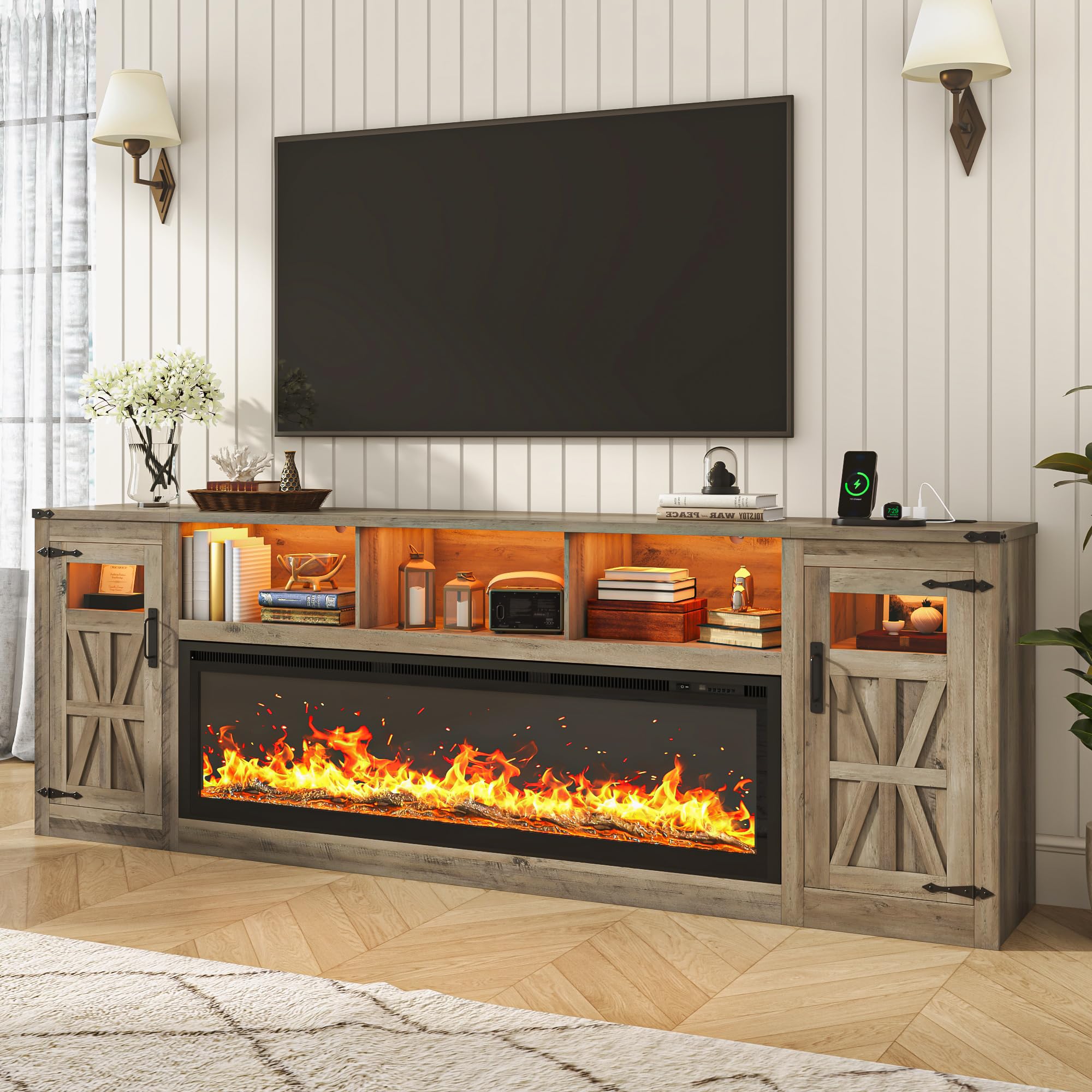 Blotout 95" Fireplace TV Stand for TVs up to 100" with 60" Electric Fireplace, Large Farmhous Media Entertainment Center w/LED Lights/Power Outlets & Barn Doors Storage Cabinet for Living Room,Brown