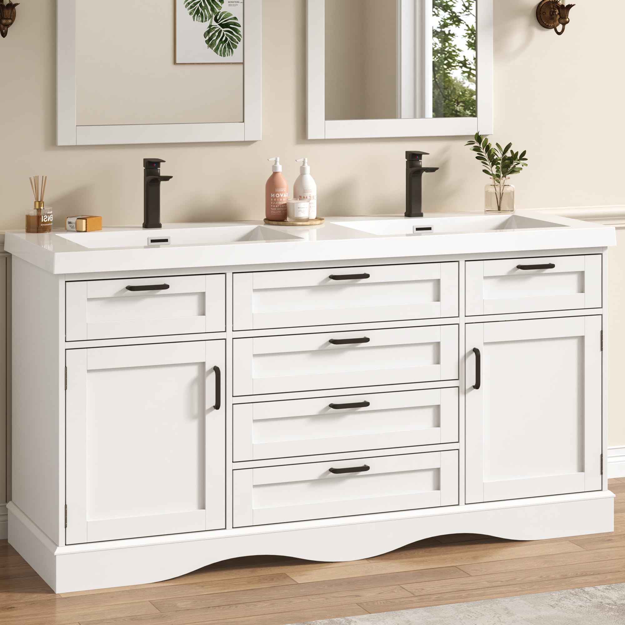  59" Modern Double Bathroom Vanity with Sink Combo, Bathroom Storage Cabinet with 2 Storage Doors and 6 Drawers