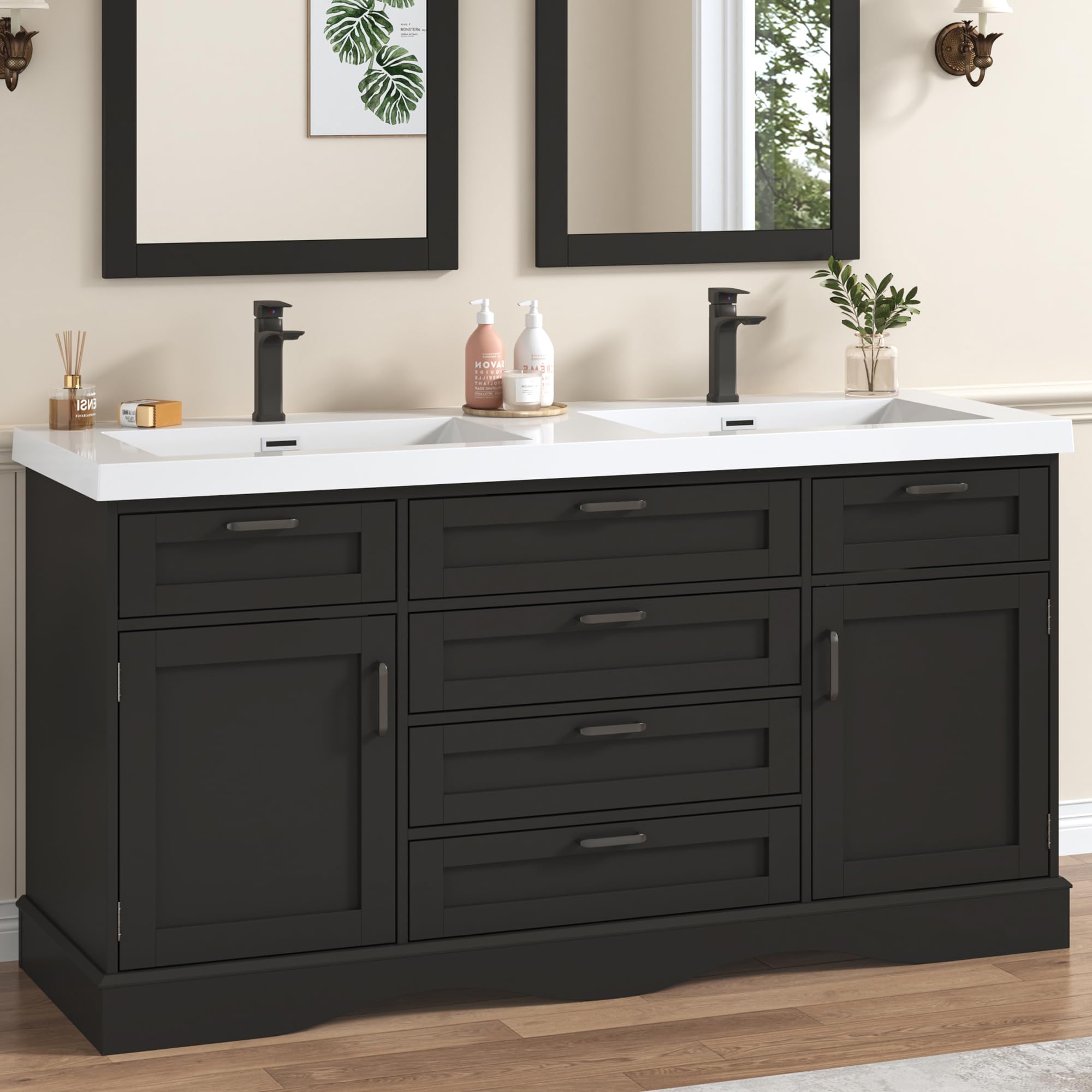  59" Modern Double Bathroom Vanity with Sink Combo, Bathroom Storage Cabinet with 2 Storage Doors and 6 Drawers
