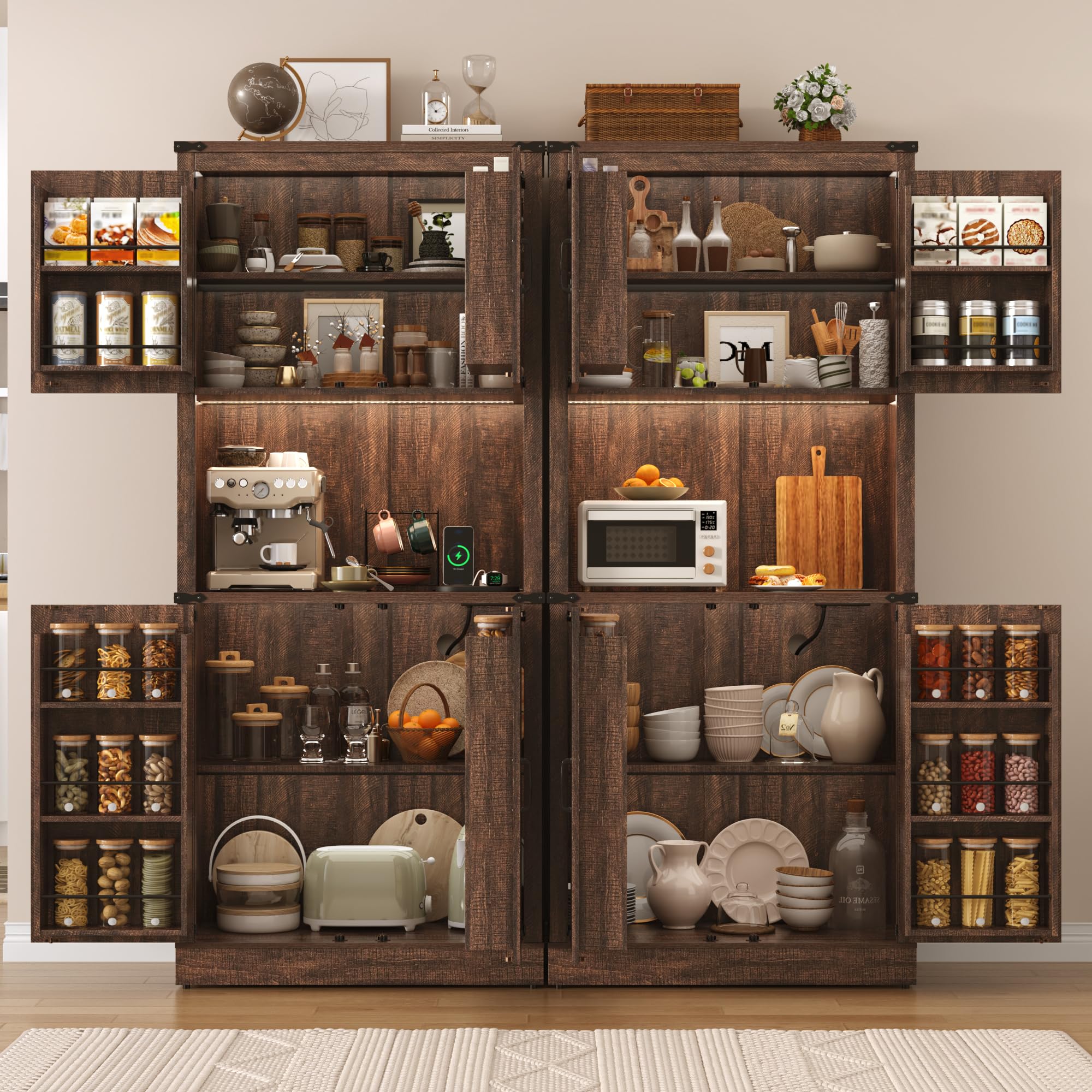 72" Tall Farmhouse Kitchen Pantry Cabinet with 10 Side Shelves and LED Light & Power Outlet, 5 Layers Pantry Storage Cabinet with Barn Doors&Load-Bearing Steel Pipe for Dining Room,Living Room