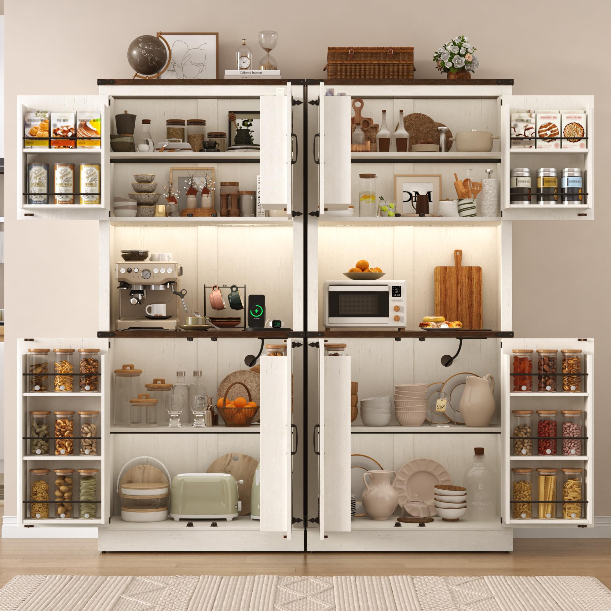 72" Tall Farmhouse Kitchen Pantry Cabinet with 10 Side Shelves and LED Light & Power Outlet, 5 Layers Pantry Storage Cabinet with Barn Doors&Load-Bearing Steel Pipe for Dining Room,Living Room