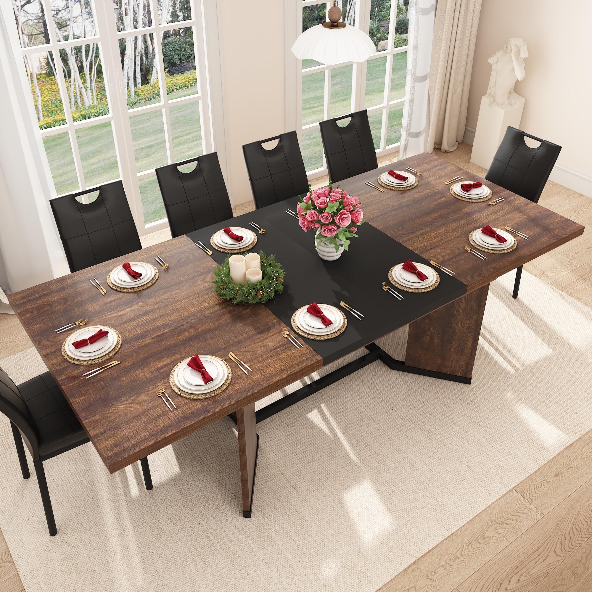 Blotout 59'' to 86.6" Extendable Dining Table Set with 6PCS Chairs, Modern Farmhouse Wooden Kitchen Table for 6-10 People, Rectangle Expandable Dining Room Table, Large Expanding Table