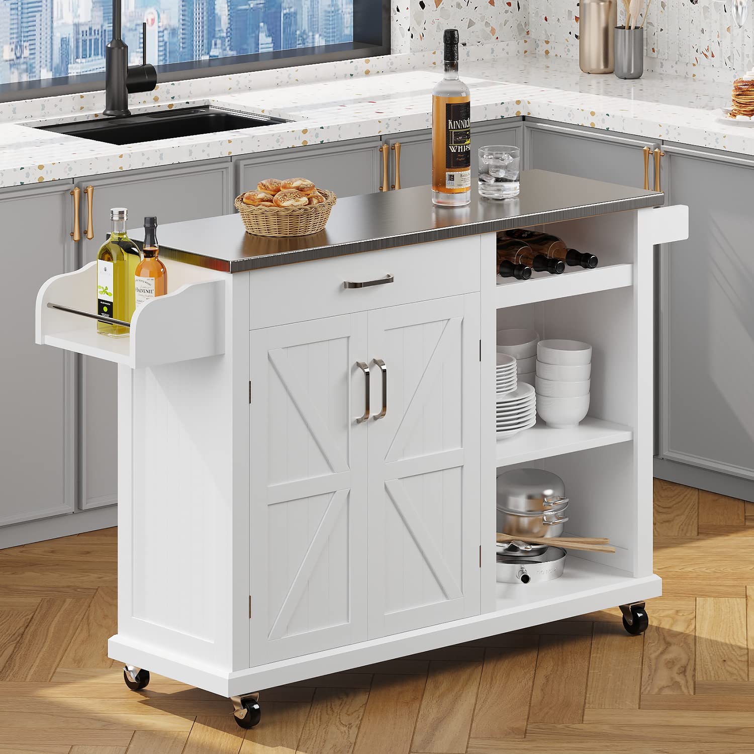 Kitchen Cart with Stainless Steel Top and Wine Rack, Rolling Kitchen Island on Wheels with Drawer & Open Shelves & Spice Rack