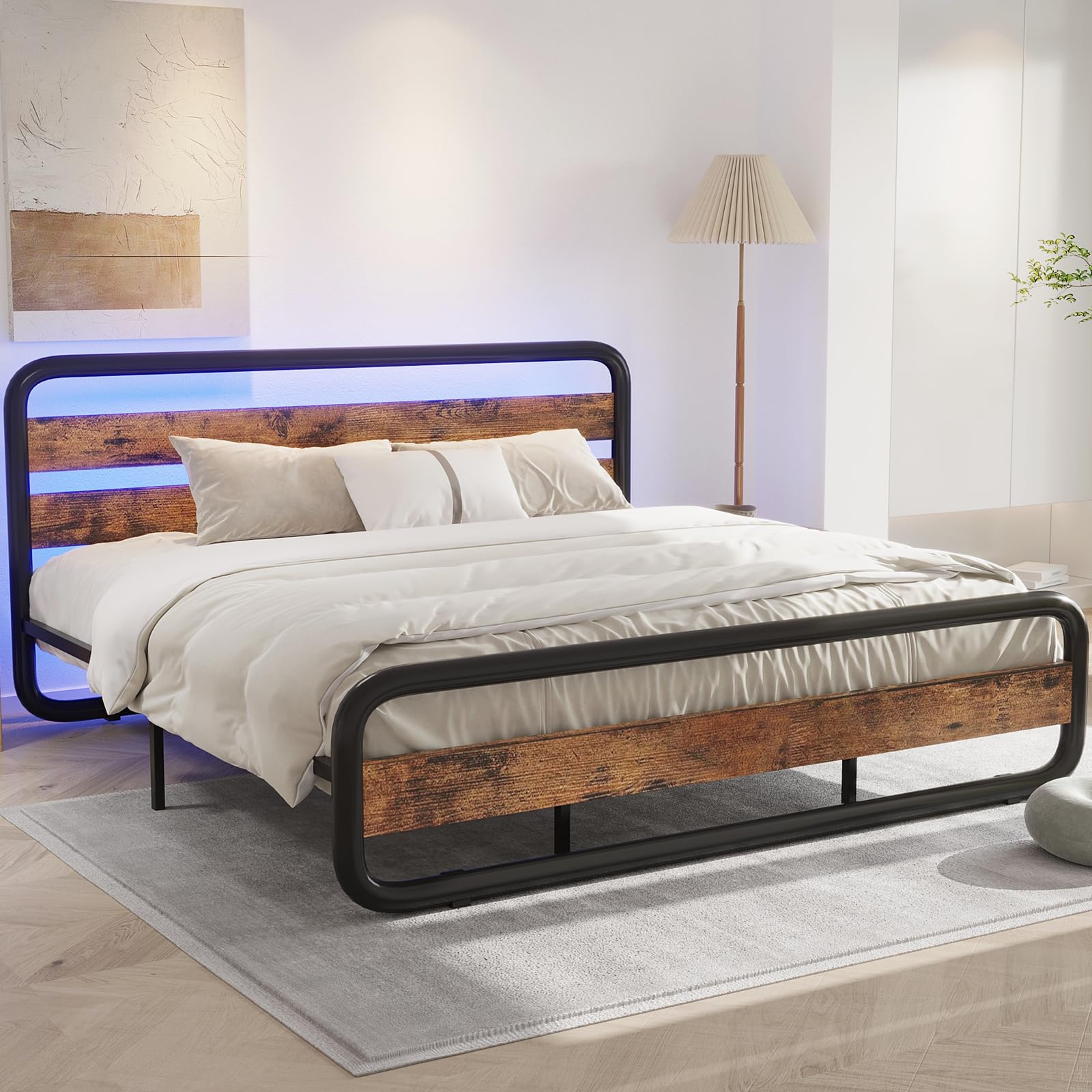 Heavy Duty Metal Bed Frame with Wood Headboard & Footboard