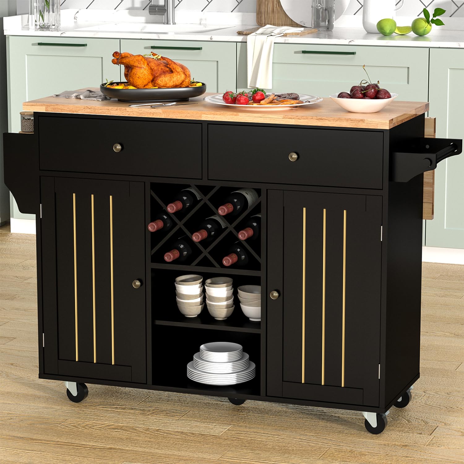 Rolling Kitchen Island Cart with Drop-Leaf and Wine Rack, Ktichen Serving Cart on Wheels w/ Cabinet Drawer & Shelves & Spice Rack & Towel Bar