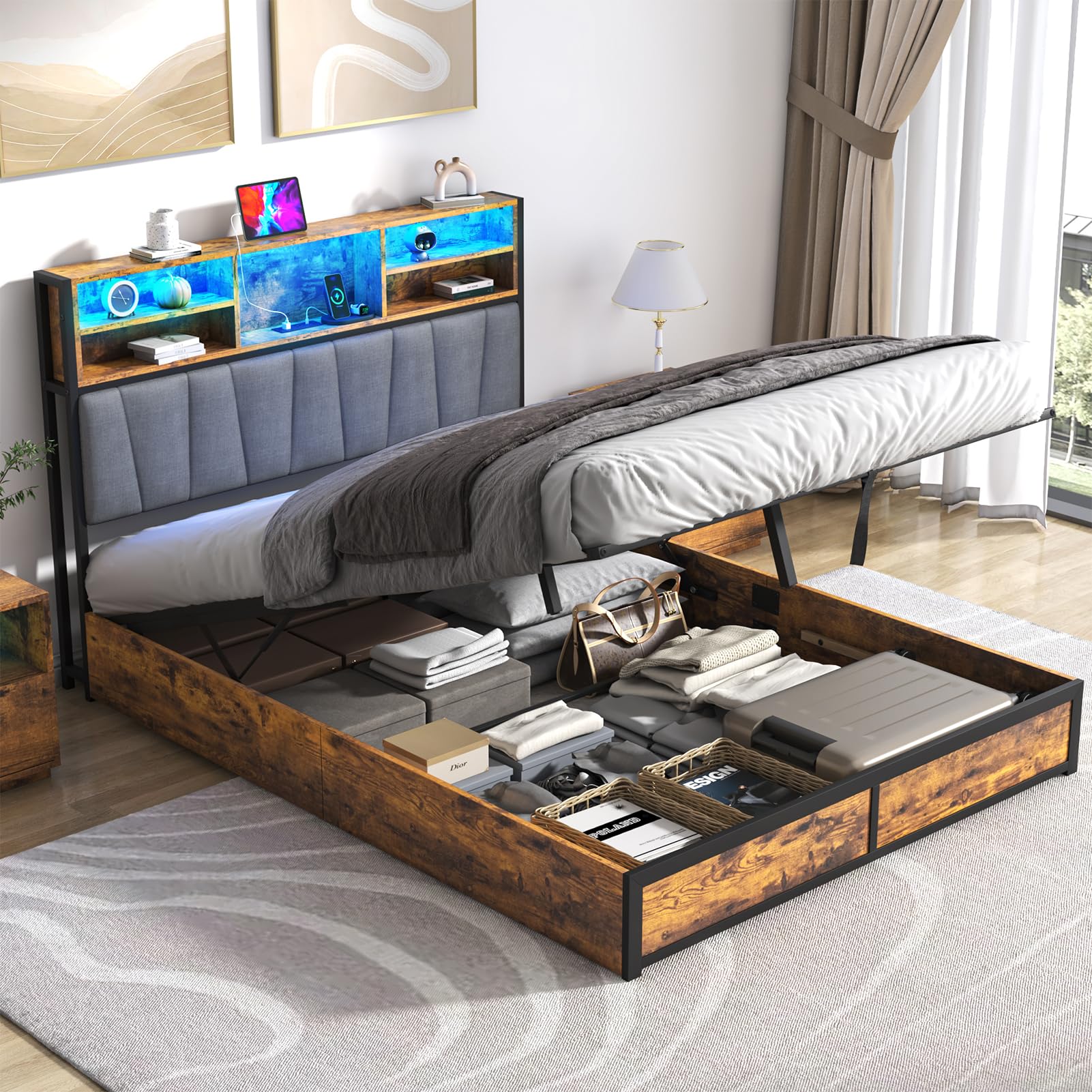 Queen LED Bed Frame with Lift Up Storage & Power Outlets - Metal Platform Bed with Upholstered Headboard, Storage Bed with 3-Tier Storage Headboard