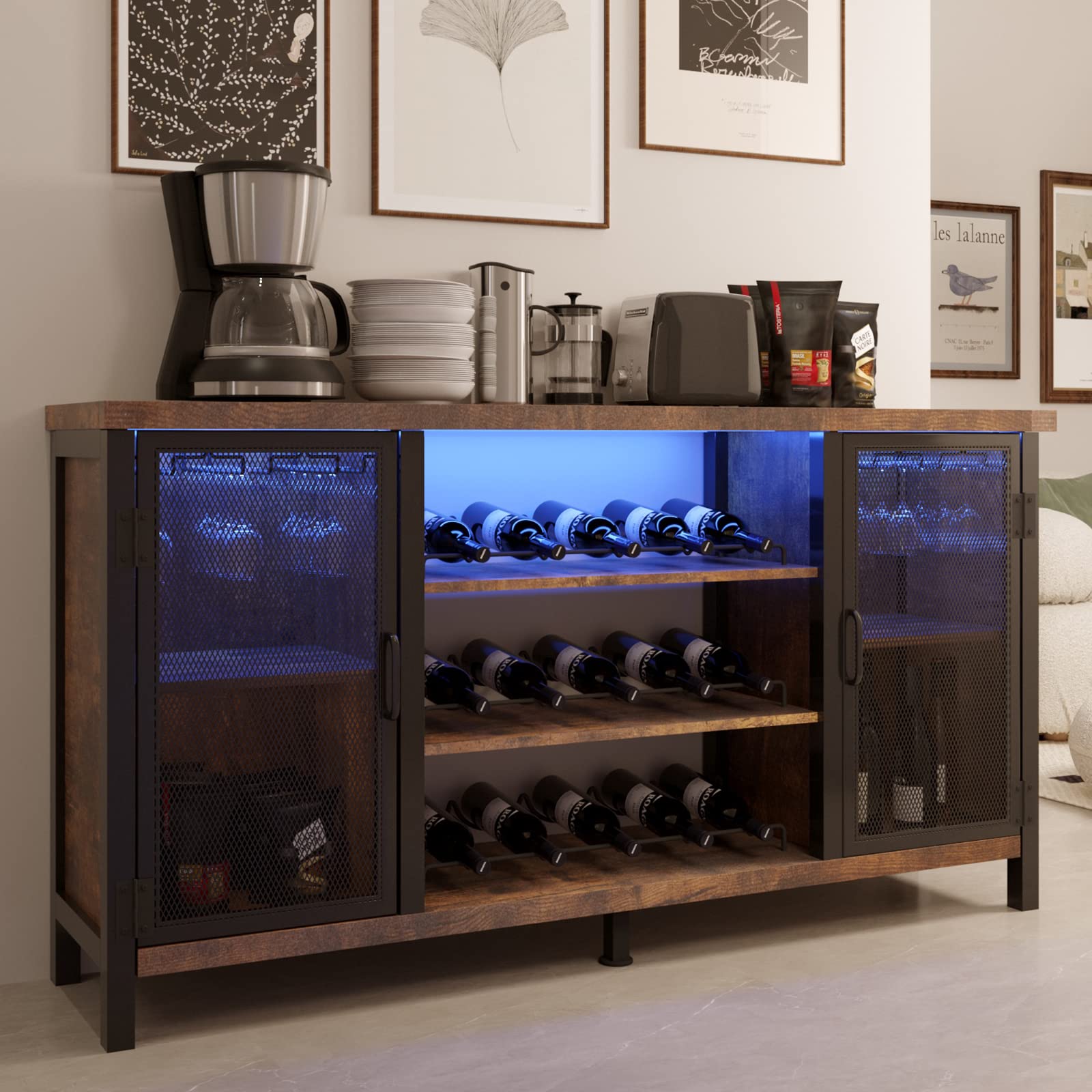 LED Wine Bar Cabinets for Home, Industrial Liquor Cabinet Bar with 2 Hinged Doors, Adjustable Wood and Steel Bar Table with Bottles Rack, Kitchen Farmhouse Coffee Bar