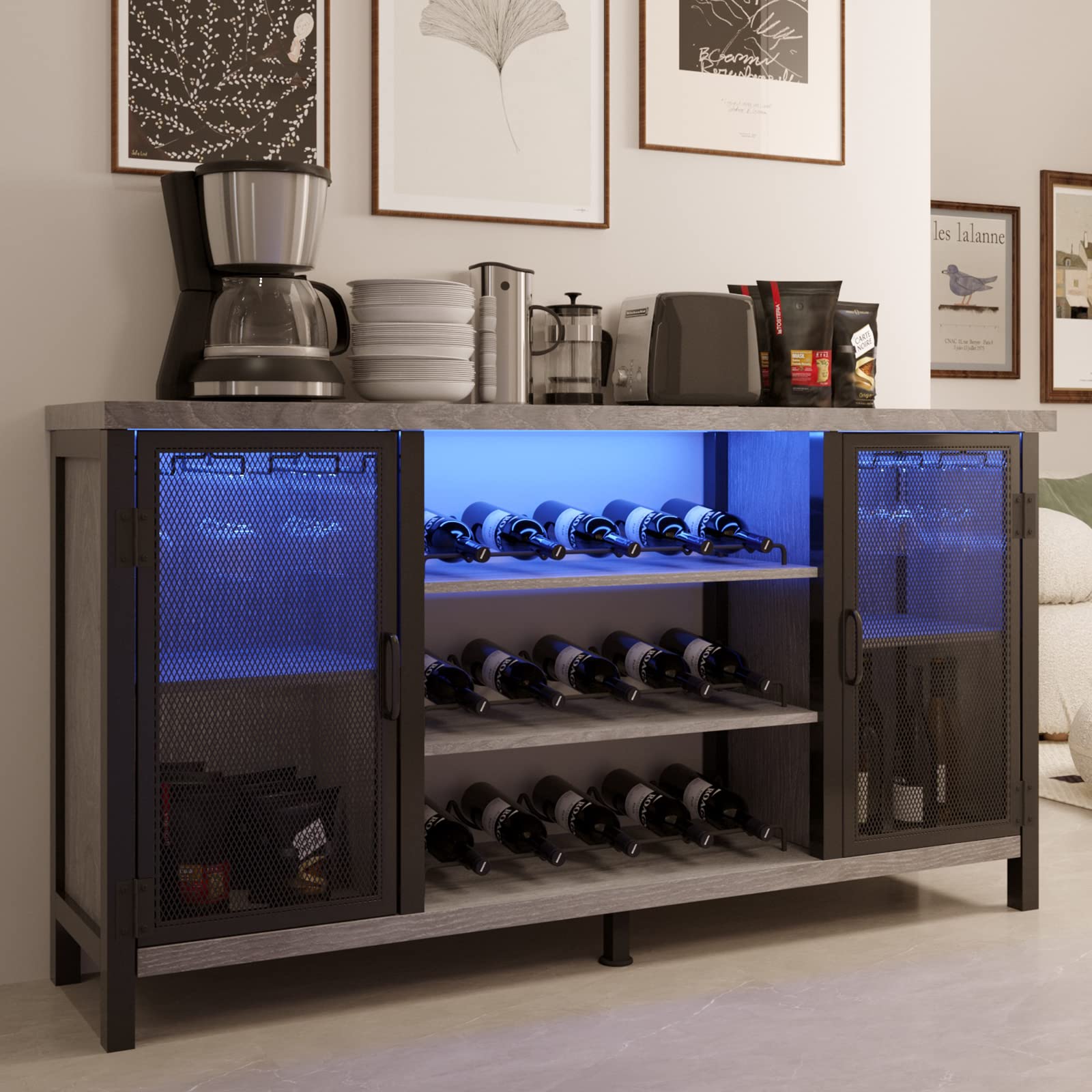 LED Wine Bar Cabinets for Home, Industrial Liquor Cabinet Bar with 2 Hinged Doors, Adjustable Wood and Steel Bar Table with Bottles Rack, Kitchen Farmhouse Coffee Bar