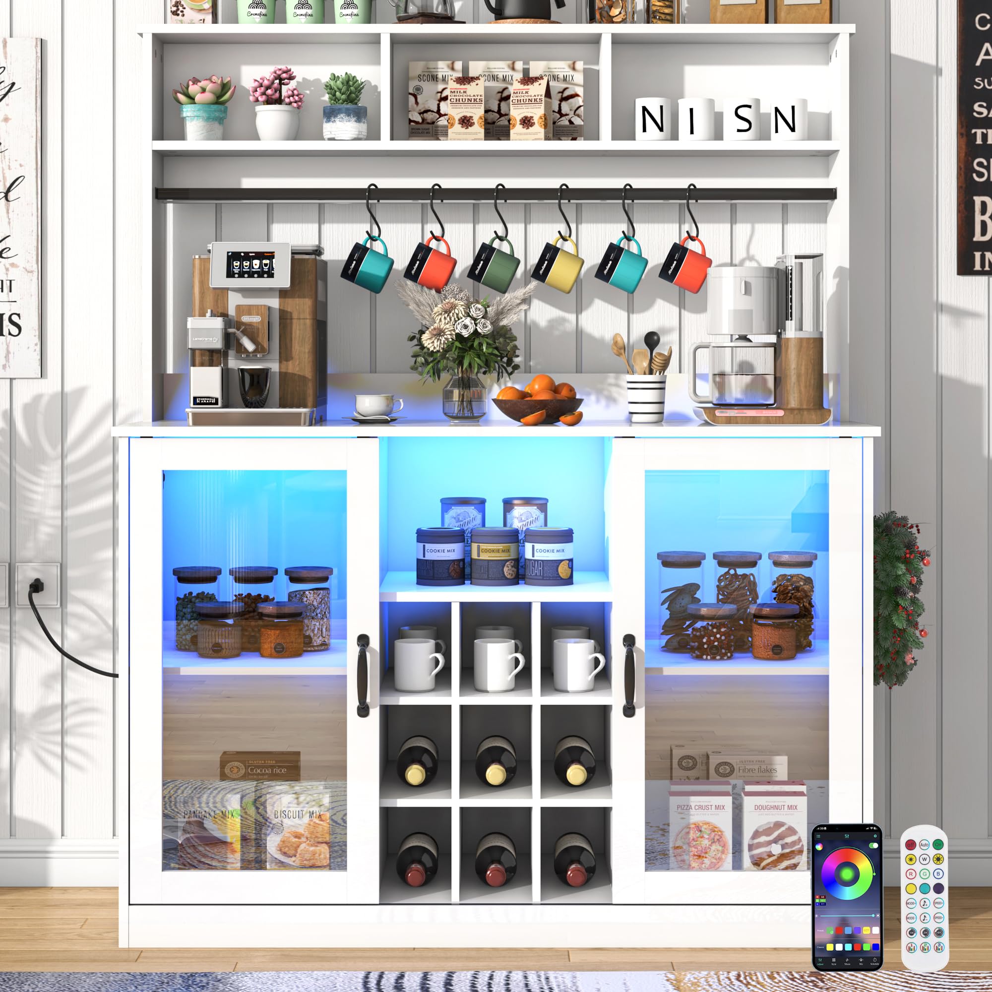 Blotout LED Kitchen Pantry Storage Cabinet with Power Outlet, 58" Tall Bar Cabinet with Lights, Adjustable Shelf, 9 Wine Racks, 6 Hooks , Morden Glass Door Cabinet with Storage, Black