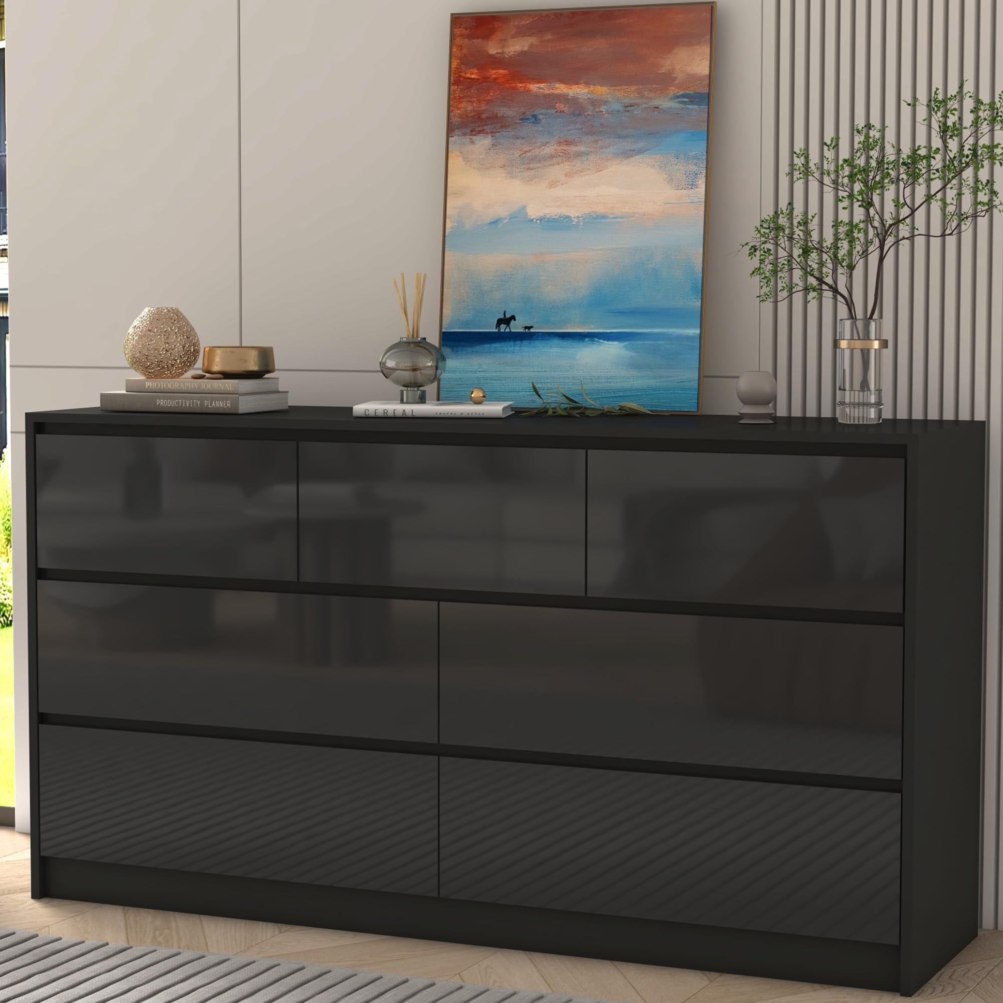 Blotout Modern Black Dresser for Bedroom, 55" Long Dresser High Gloss Dresser with 7 Drawers, Large Wood Chest of Drawer Handle Free, Dresser for Bedroom, Living Room, Entryway, Hallway