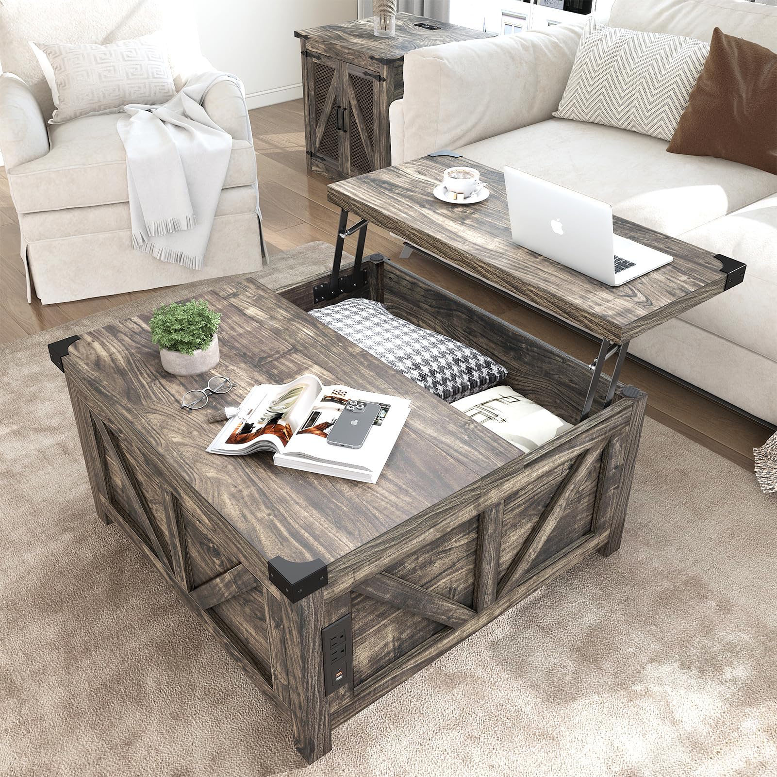 Blotout 35.6" Lift Top Coffee Table with Storage, Farmhouse Square Coffee Table with Charging Ports, Wood Center Table w/Large Hidden Space for Living Room Home Office,Brown