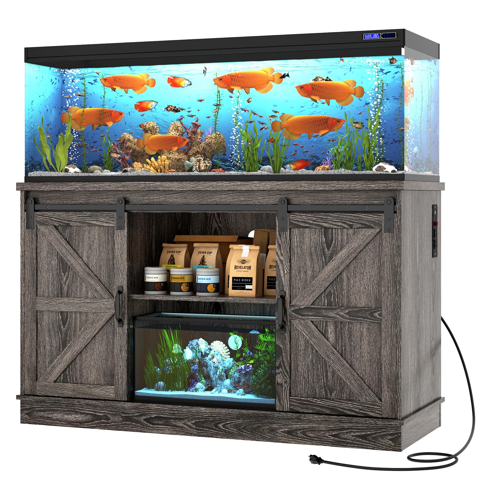 55-75 Gallon Fish Tank Stand with Power Outlets, Heavy Duty Metal Aquarium Stand for 2 Fish Tank Accessories Storage, Suit for Turtle Tank, Reptile Terrarium, 880lbs Capacity, Black
