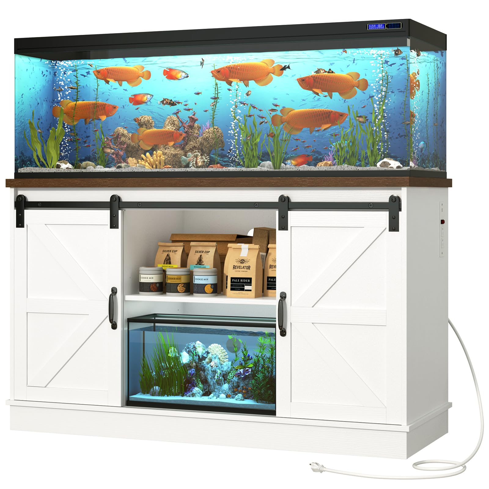 55-75 Gallon Fish Tank Stand with Power Outlets, Heavy Duty Metal Aquarium Stand for 2 Fish Tank Accessories Storage, Suit for Turtle Tank, Reptile Terrarium, 880lbs Capacity, Black