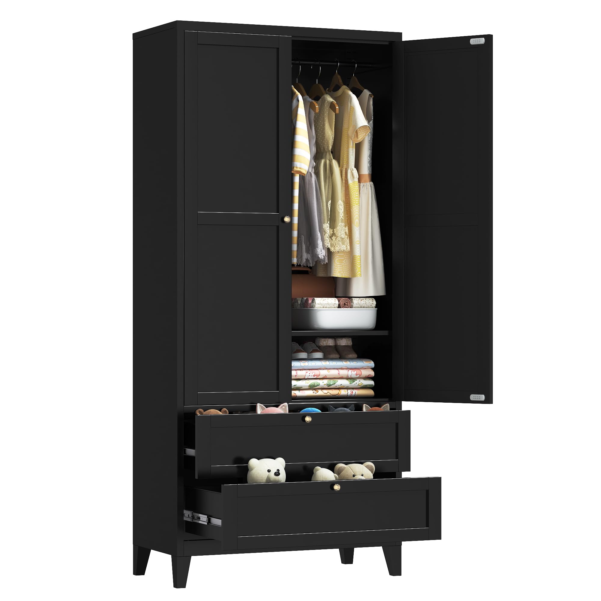 71" 2 Door Armoire Wardrobe Closet with 2 Drawers, Metal Armoire Closet Clothing Storage Cabinet with Hanging Rod & Adjustable Shelf for Bedroom Dorm