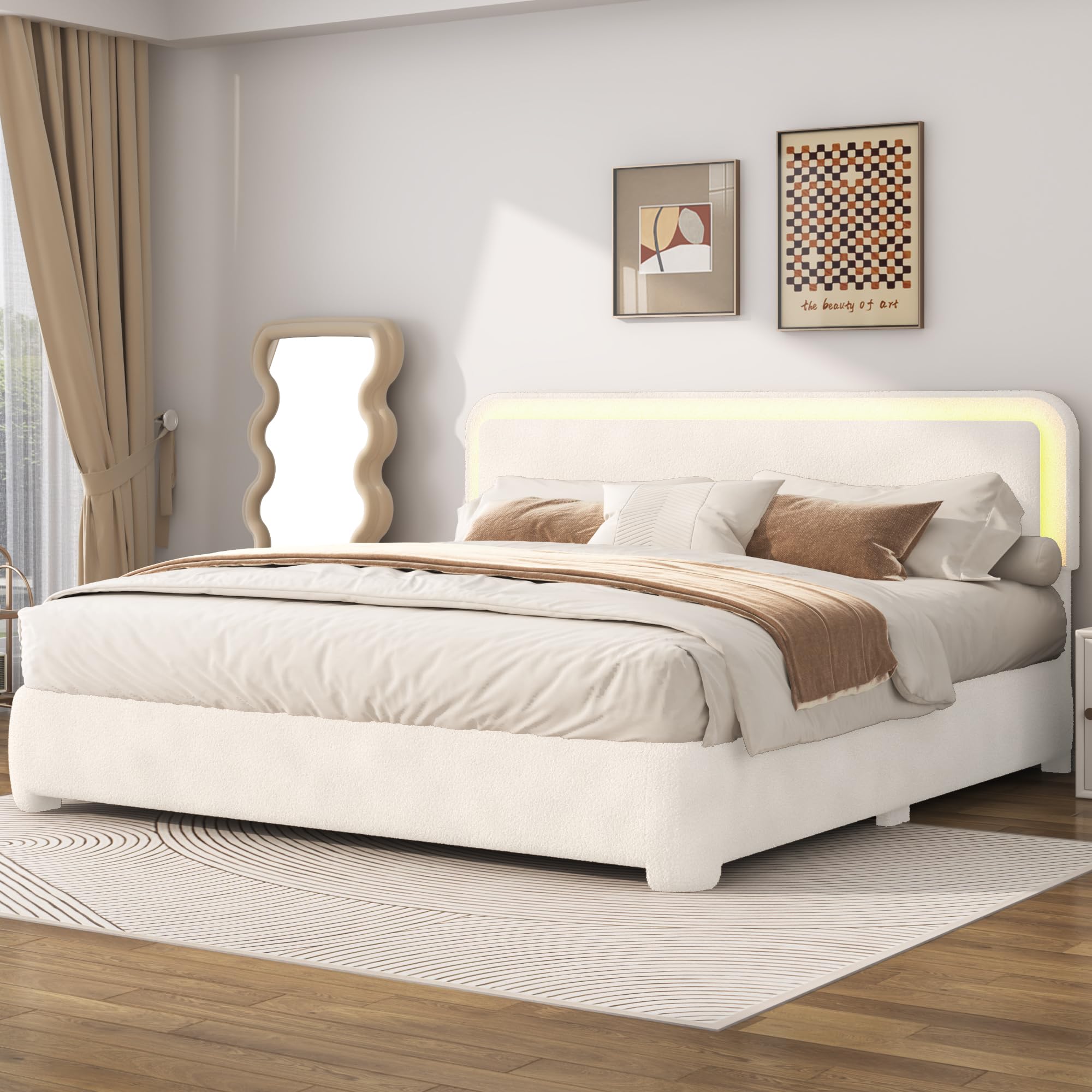 Boucle Bed Frame with LED Light & Adjustable Headboard, Upholstered Platform Bed with Soft Curved Corners