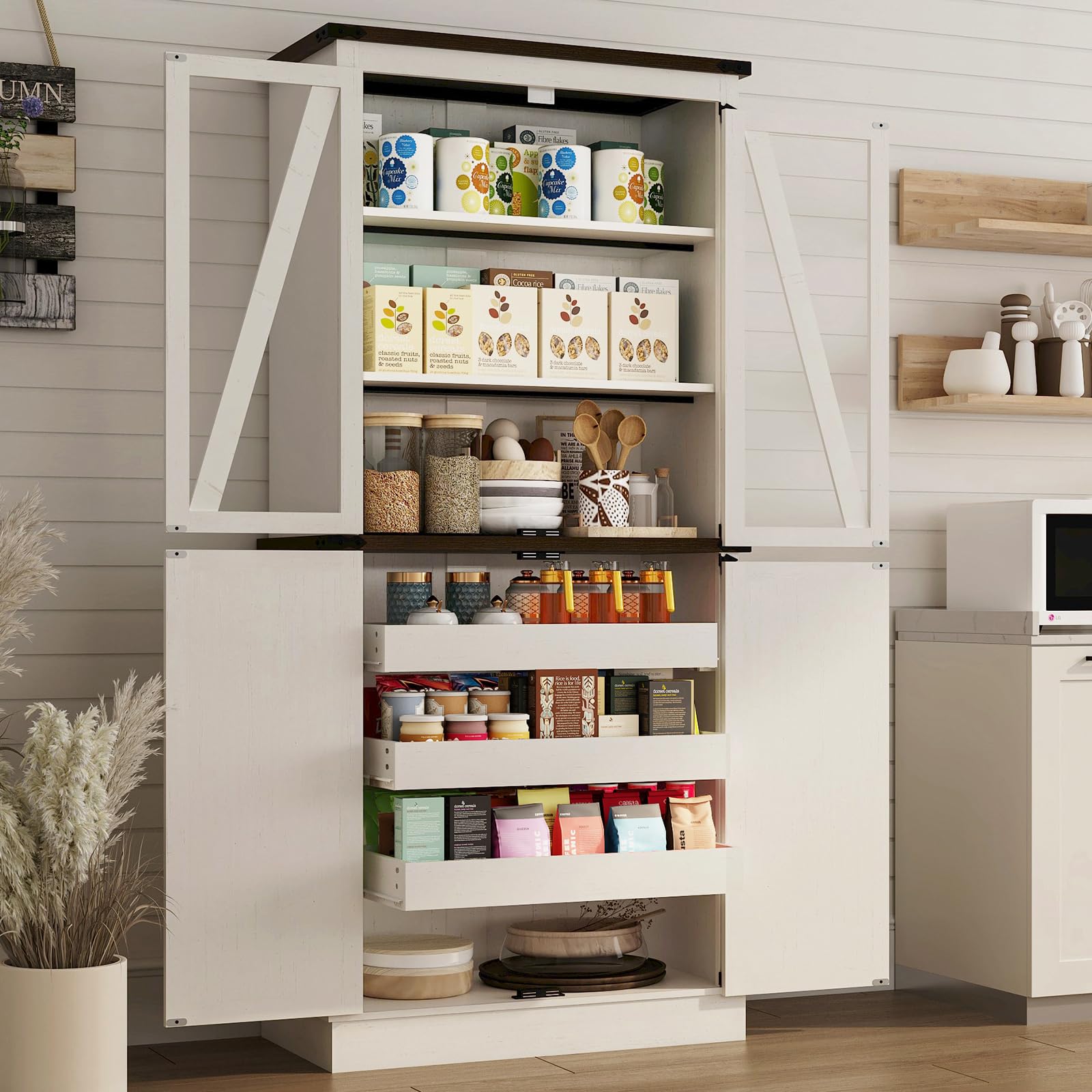 71" Farmhouse Kitchen Pantry Cabinet, Tall Storage Cabinet Wood Food Pantry with Barn Doors and Adjustable Shelves Versatile Storage Freestanding Cupboard for Kitchen