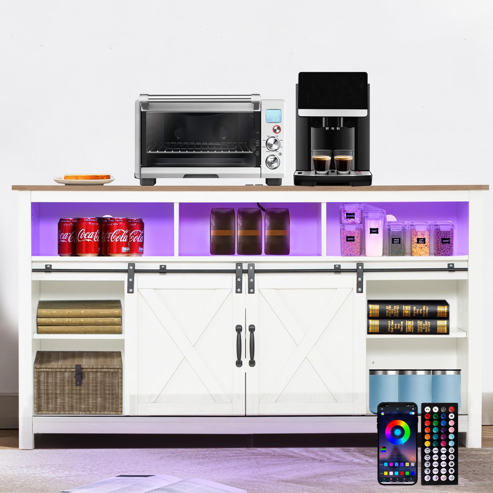 Blotout 4 Layer Farmhouse Coffee Bar Cabinet With Power Outlet & LED Light