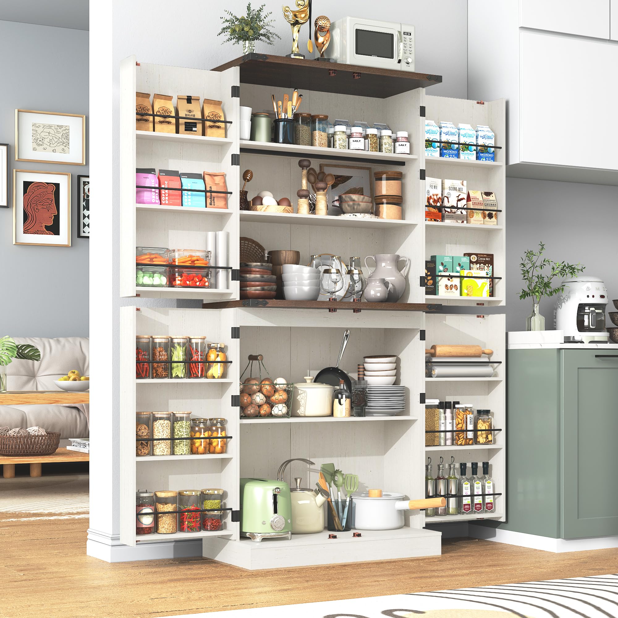 71" Tall Farmhouse Kitchen Pantry with 12 Side Shelves, 5 Layers Pantry Storage Cabinet w/Load-Bearing Steel Pipe & 4 Barn Doors/Adjustable Shelves for Kitchen, Dining Room, Living Room, Brown