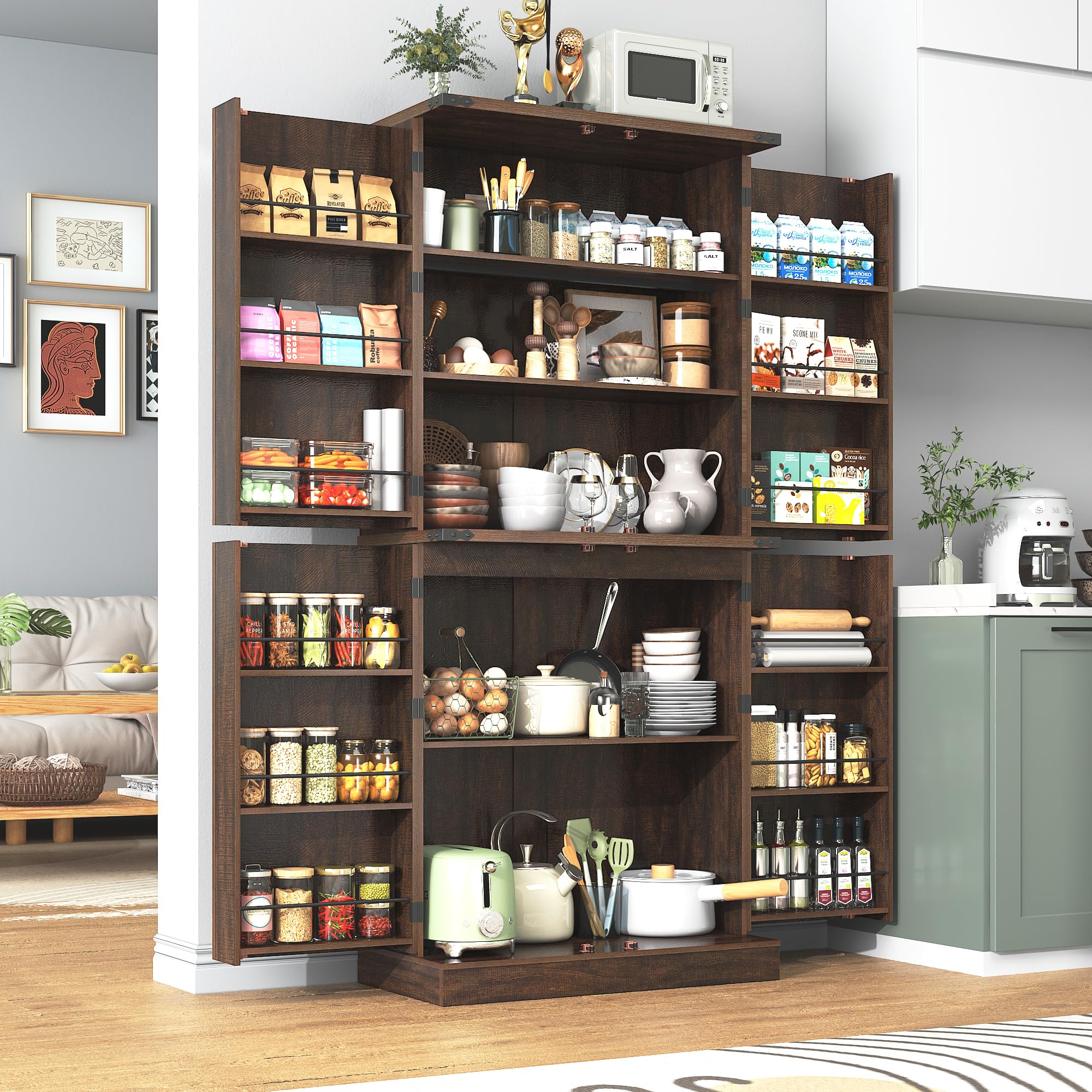 71" Tall Farmhouse Kitchen Pantry with 12 Side Shelves, 5 Layers Pantry Storage Cabinet w/Load-Bearing Steel Pipe & 4 Barn Doors/Adjustable Shelves for Kitchen, Dining Room, Living Room, Brown