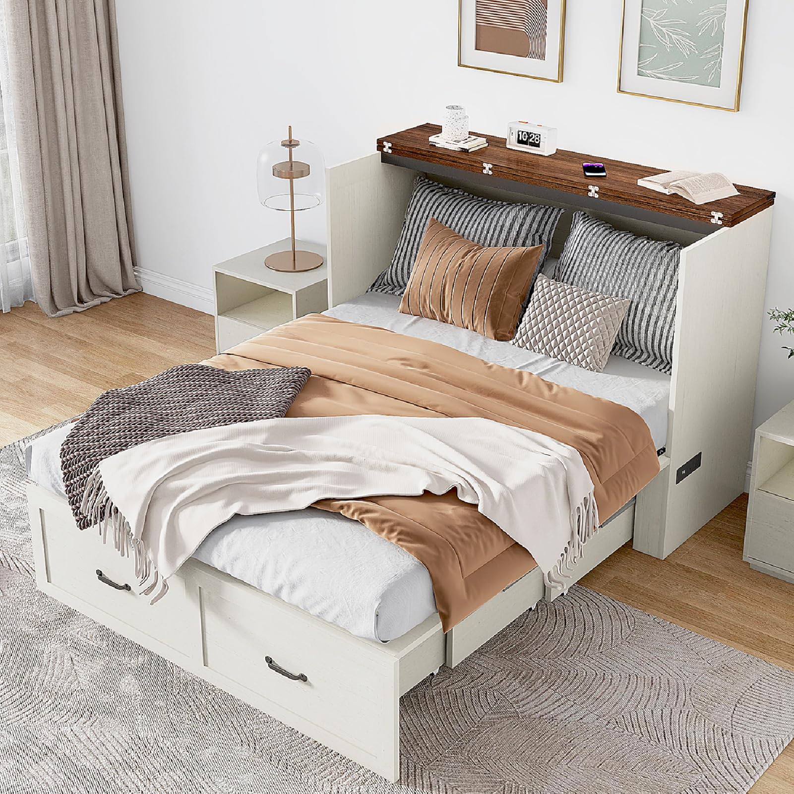 ANPOO Full Size Murphy Chest Bed with 2 Drawers & Power Outlets, Farmhouse Wood 2 in 1 Convertible Chest Bed Cabinet with Storage, Multifunctional Storage Cabinet Bed for Bedroom,Office,White